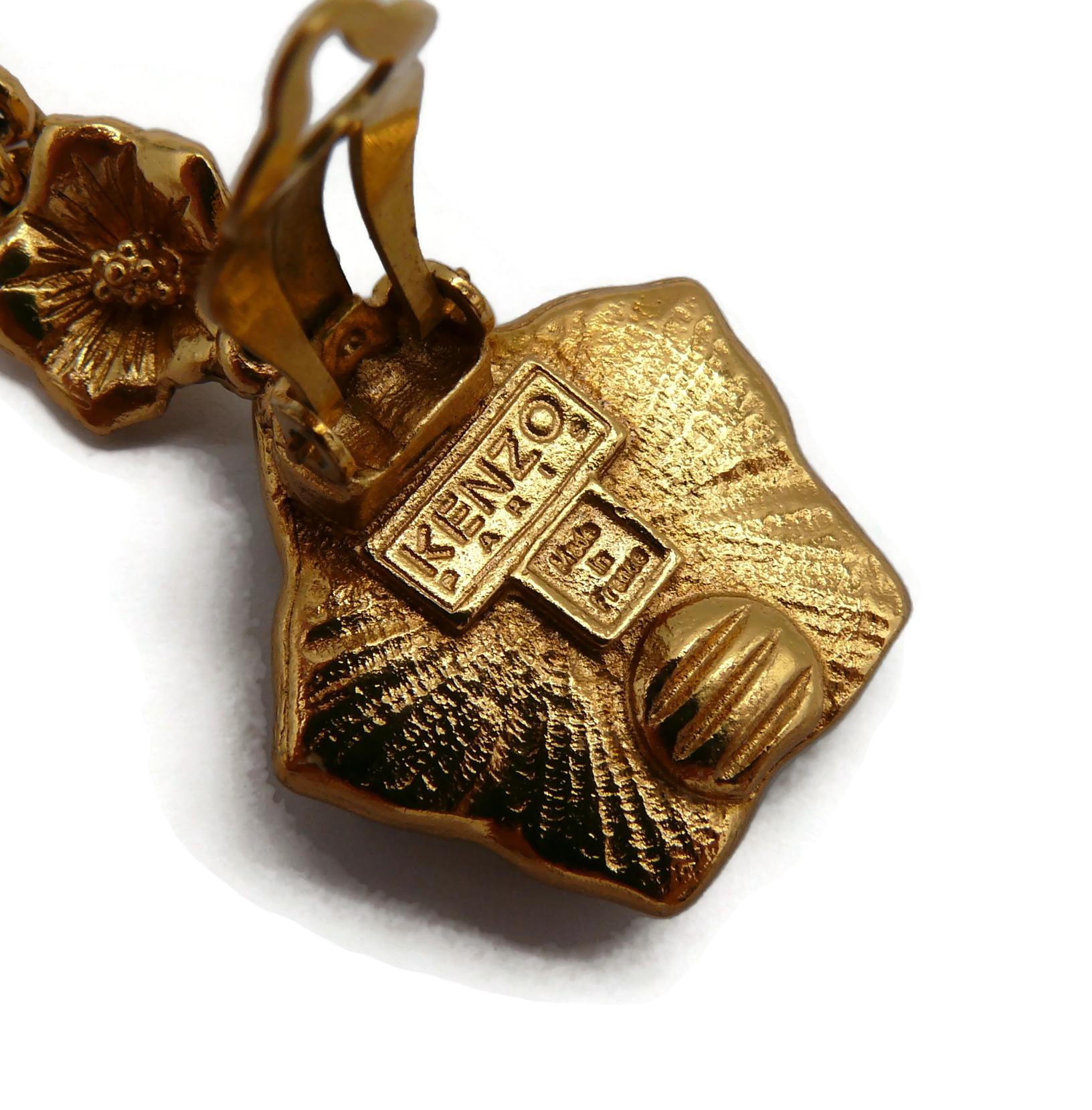 KENZO Vintage Gold Tone Resin Flower Dangling Earrings For Sale 6