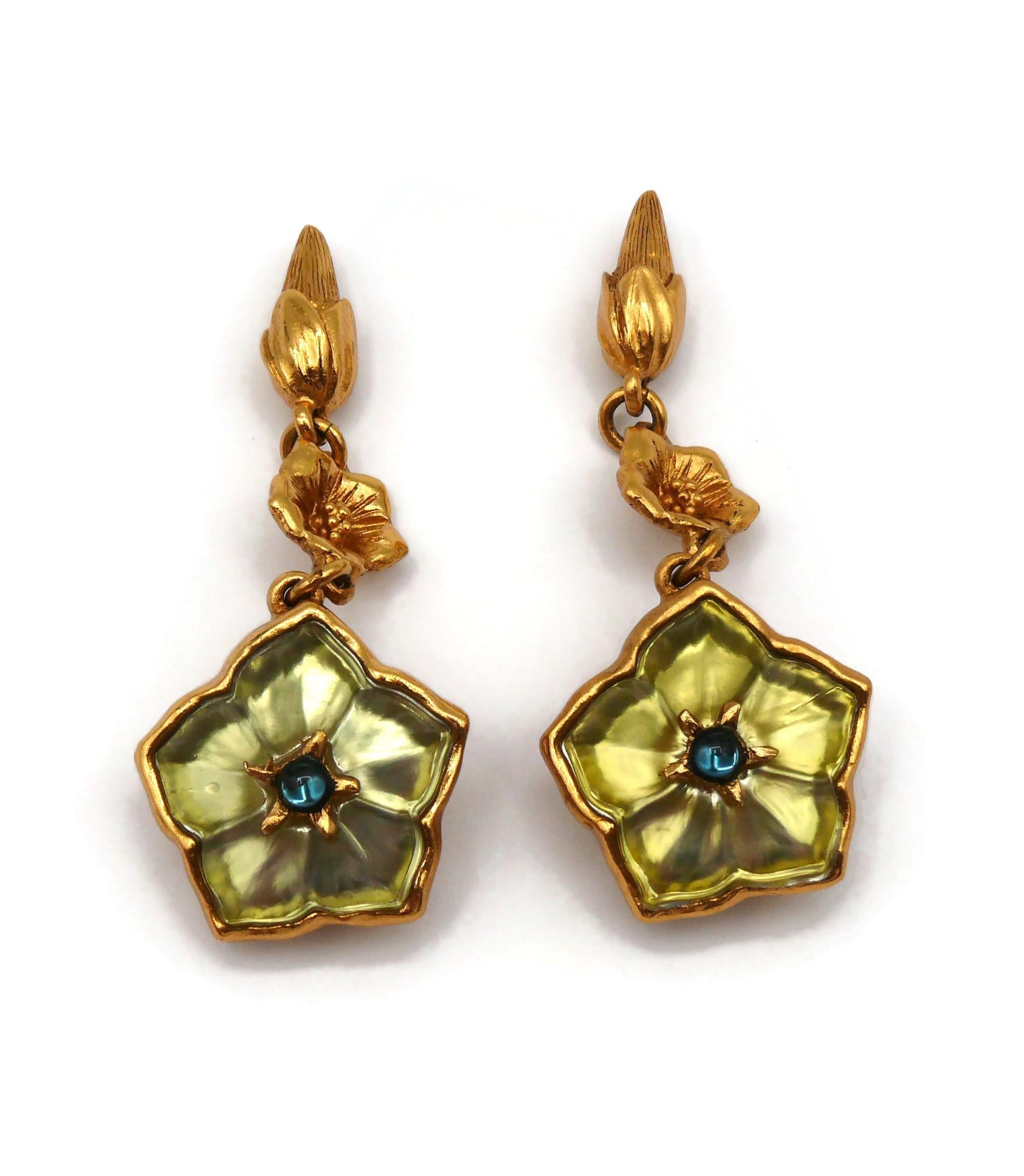 Women's KENZO Vintage Gold Tone Resin Flower Dangling Earrings For Sale