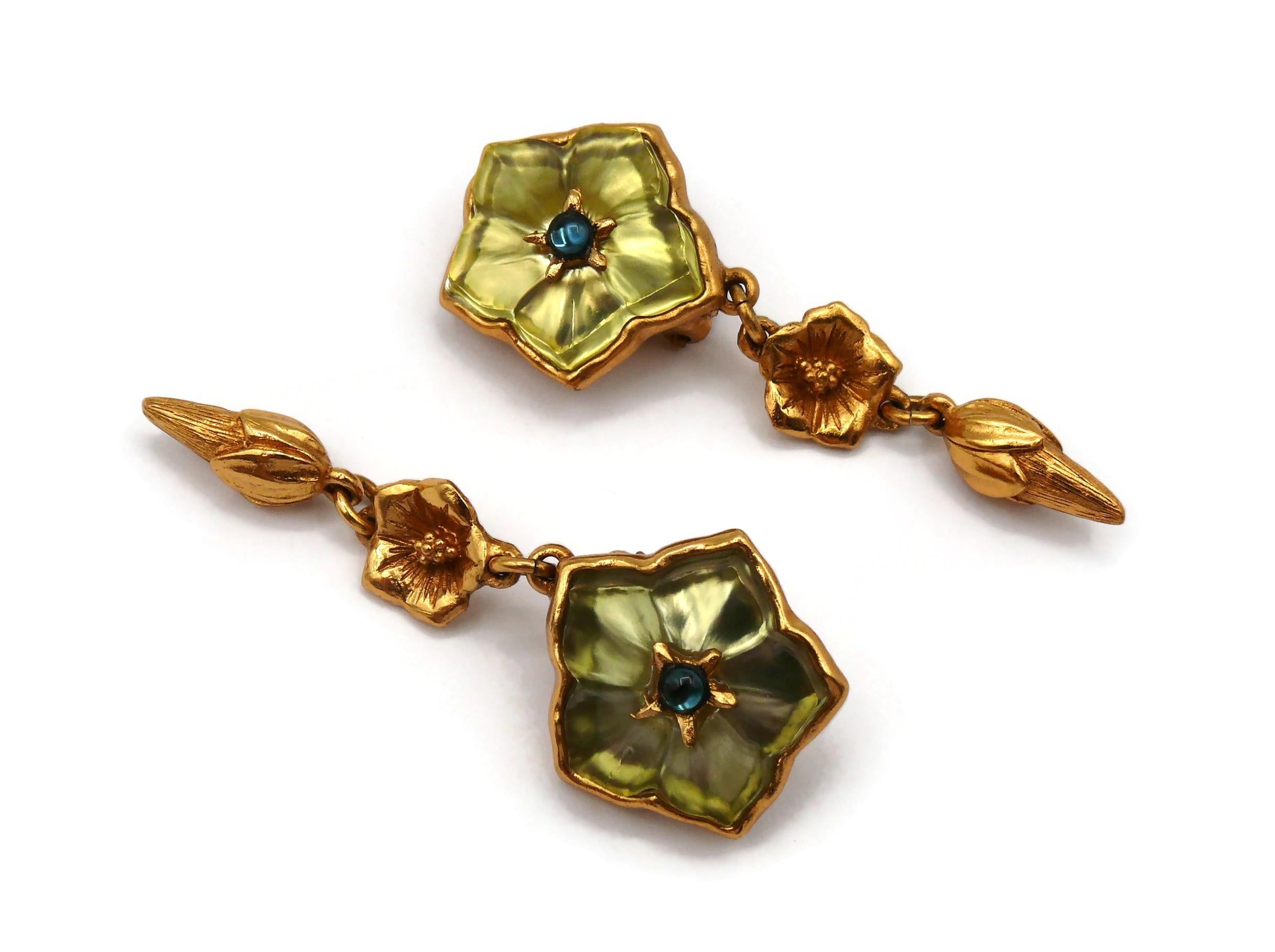 KENZO Vintage Gold Tone Resin Flower Dangling Earrings For Sale 1