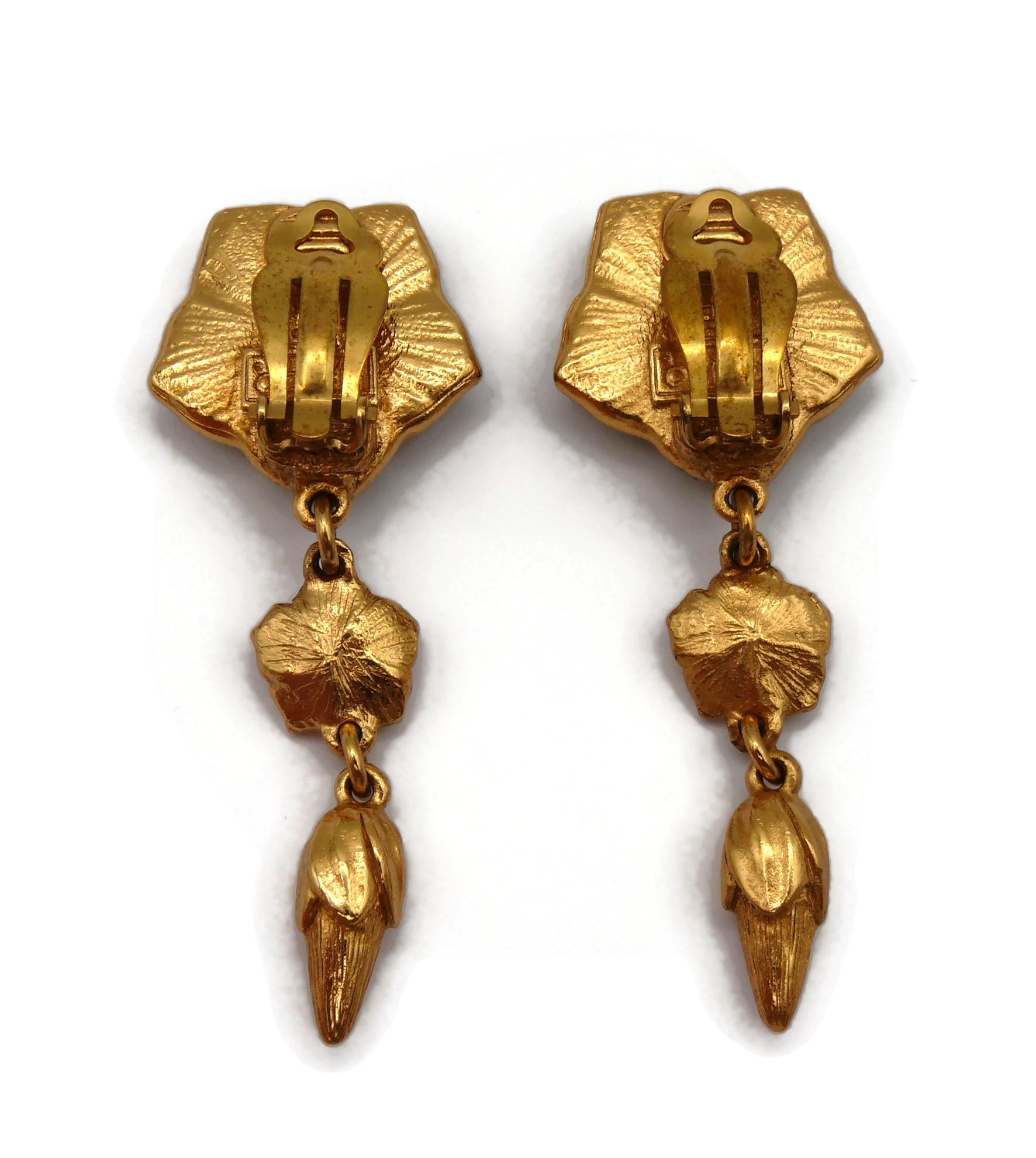 KENZO Vintage Gold Tone Resin Flower Dangling Earrings For Sale 2