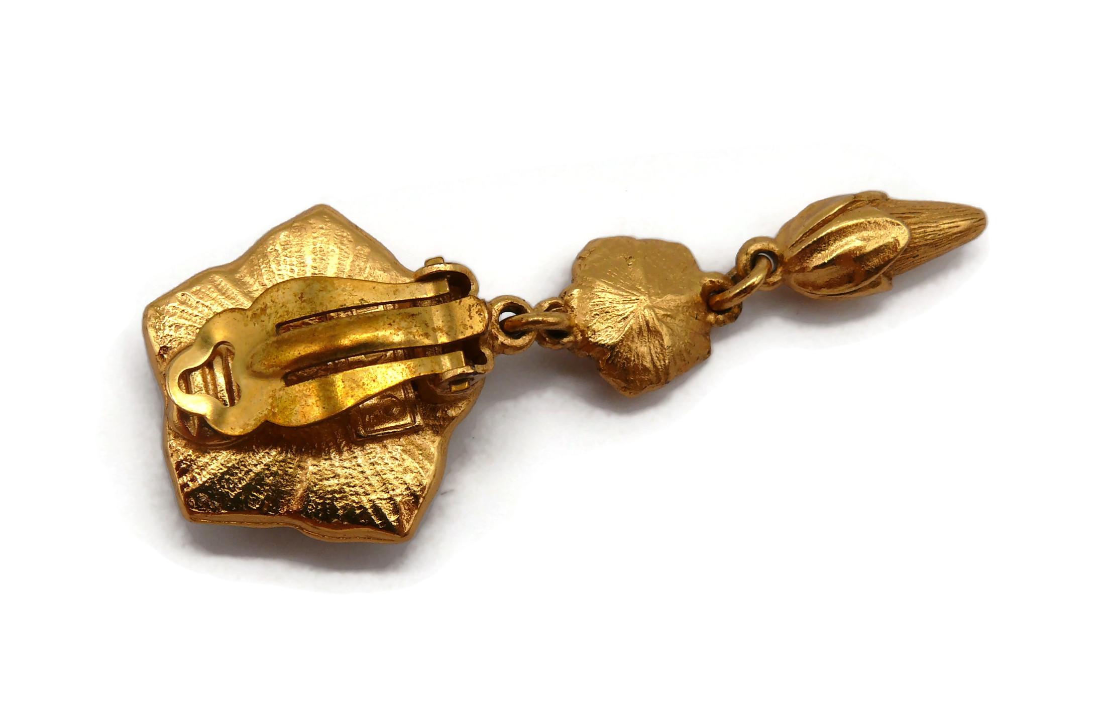 KENZO Vintage Gold Tone Resin Flower Dangling Earrings For Sale 4