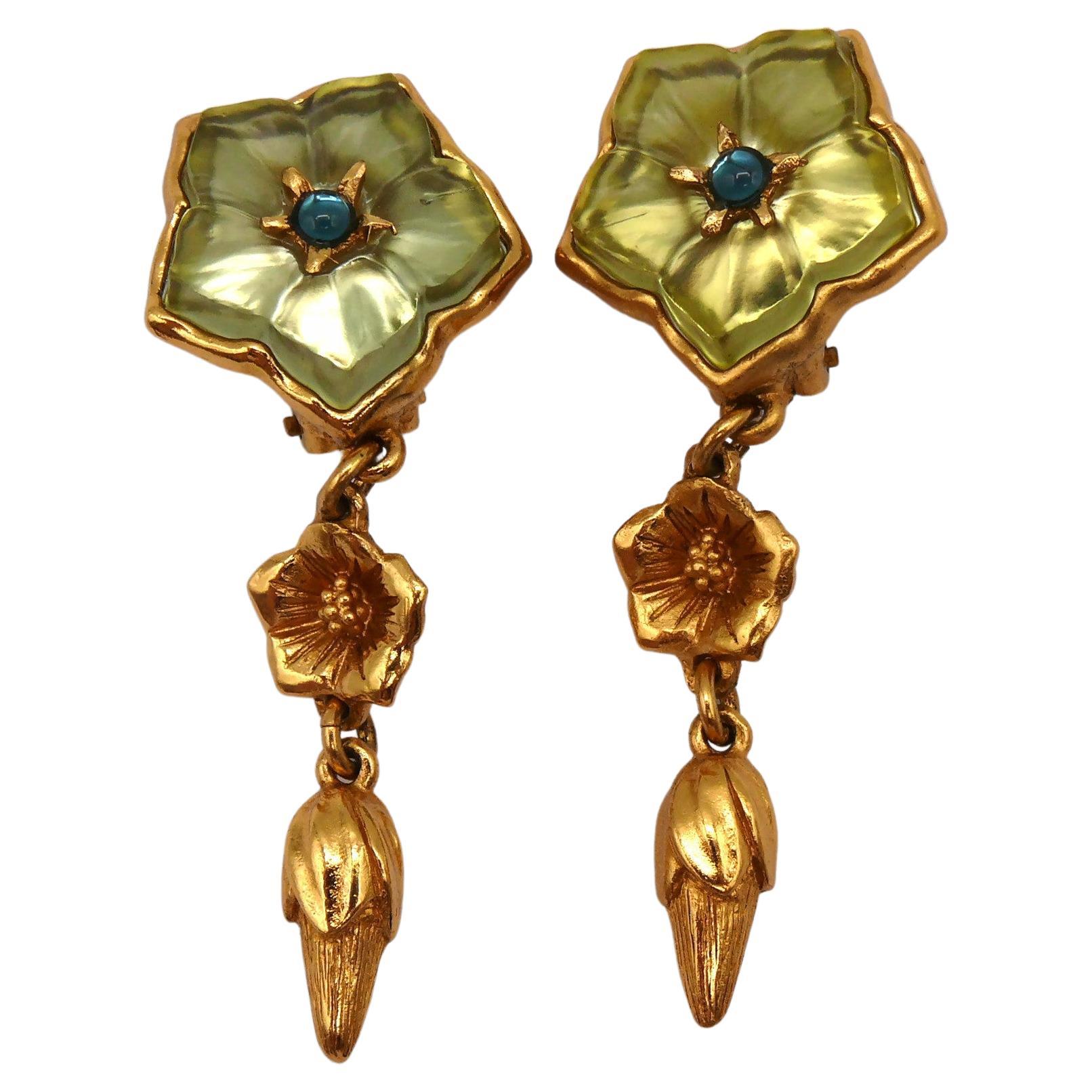 KENZO Vintage Gold Tone Resin Flower Dangling Earrings For Sale