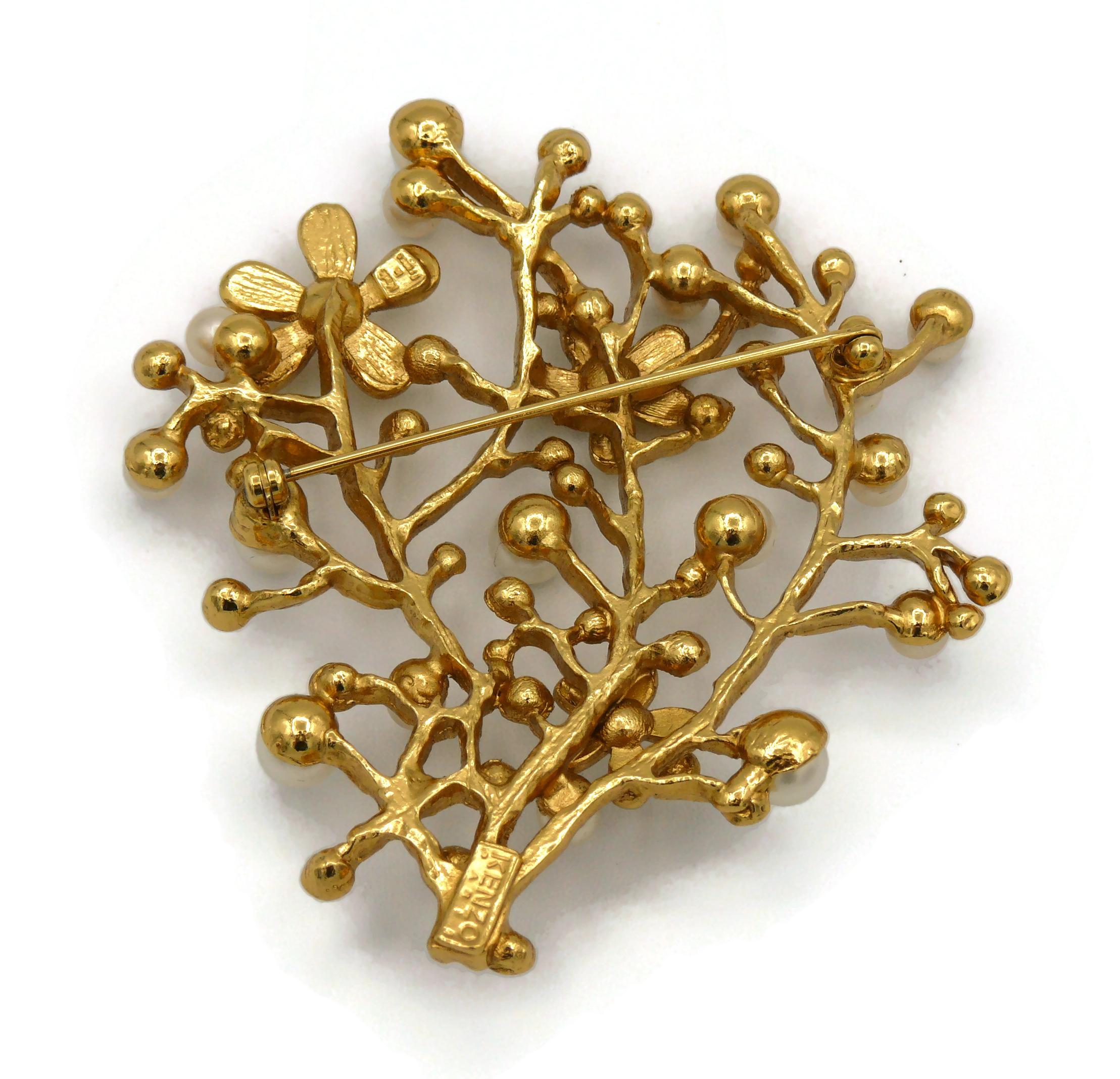 Kenzo Vintage Jewelled Gold Toned Floral Spray Brooch 3