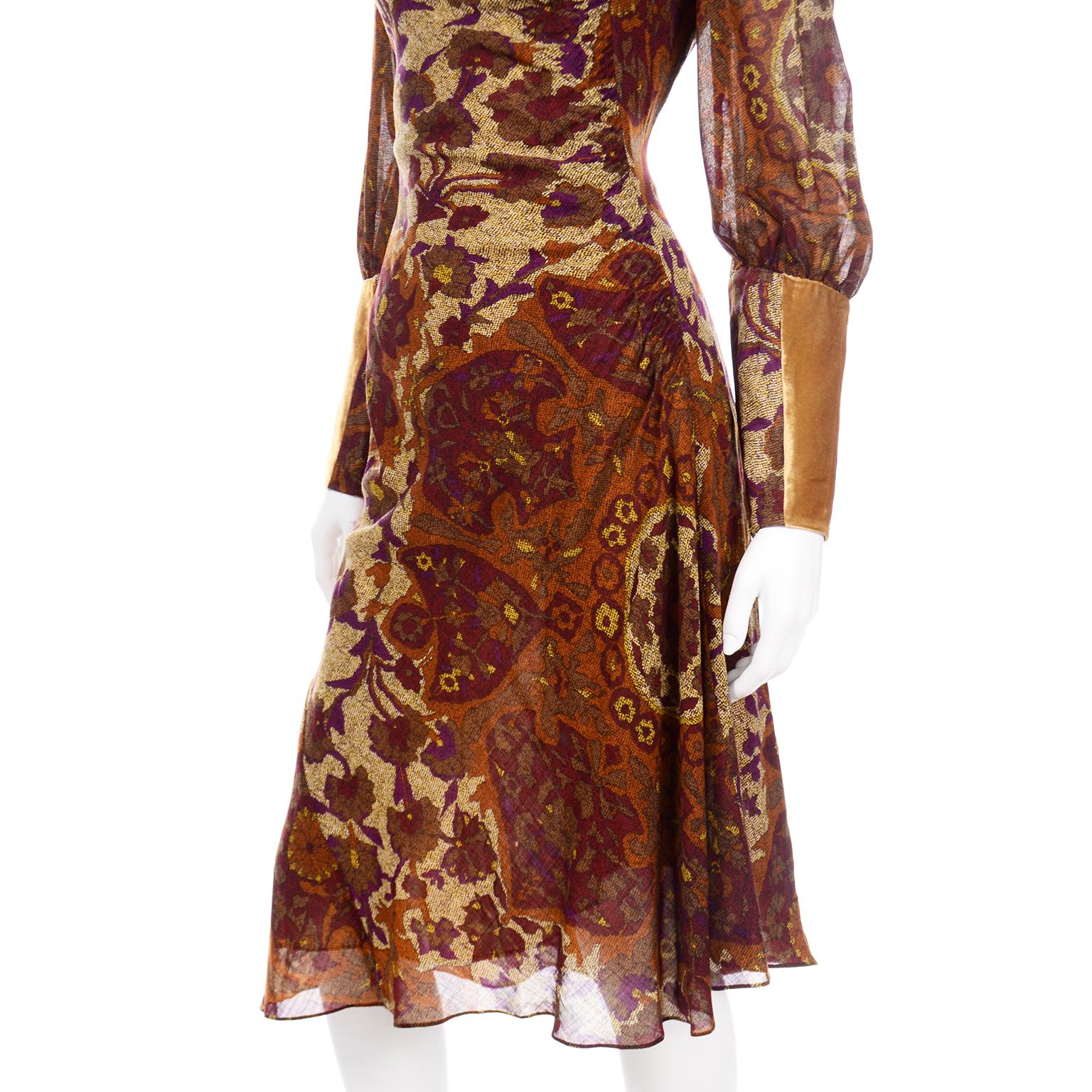 Kenzo Vintage Lush Plum Brown and Gold Floral Print Dress w Gold Velvet Trim For Sale 4