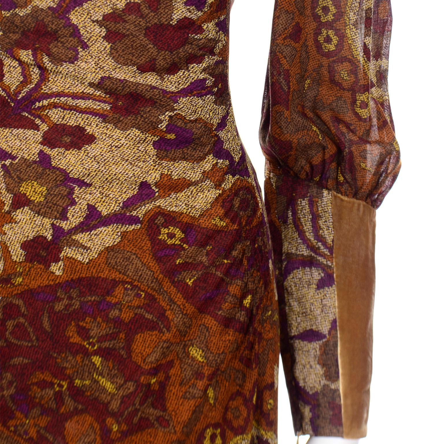 Kenzo Vintage Lush Plum Brown and Gold Floral Print Dress w Gold Velvet Trim For Sale 5