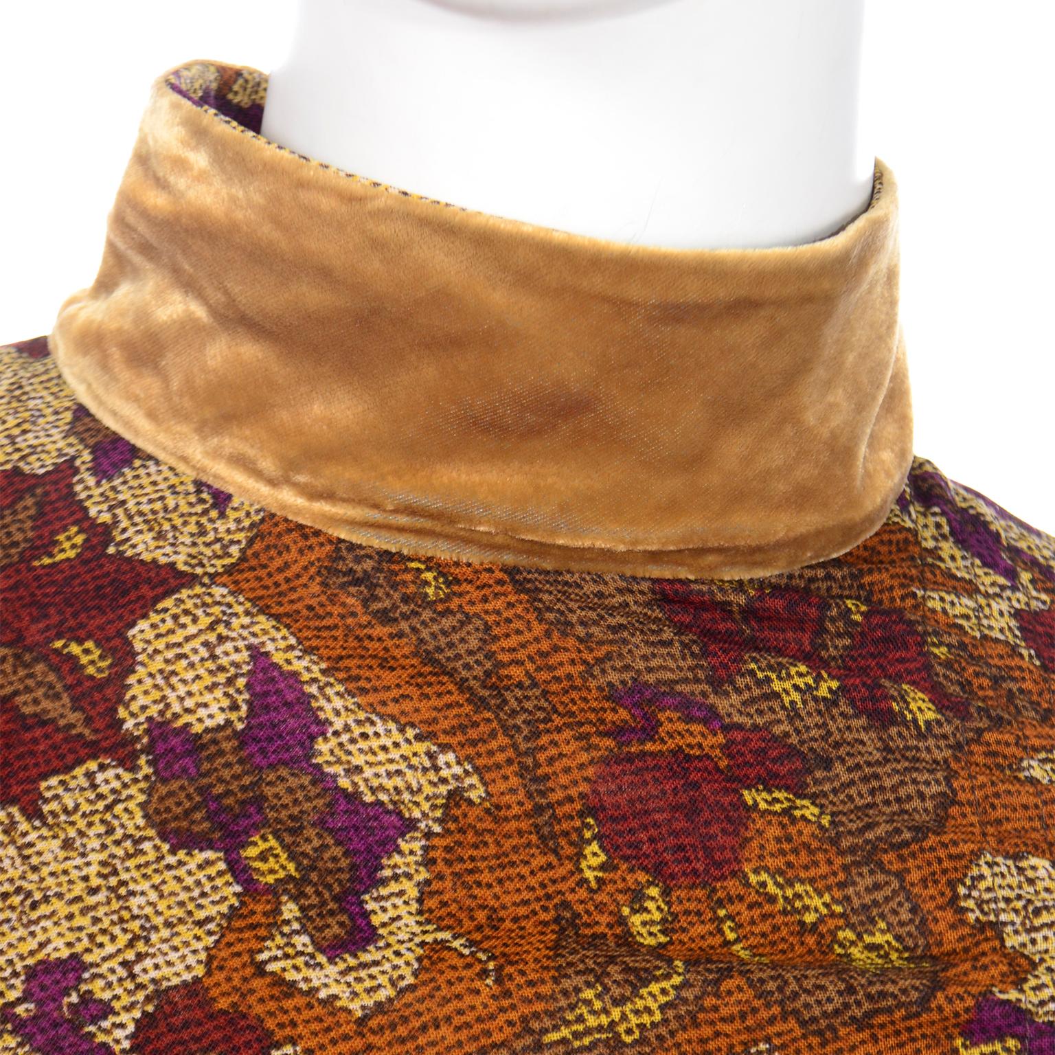 Kenzo Vintage Lush Plum Brown and Gold Floral Print Dress w Gold Velvet Trim In Excellent Condition For Sale In Portland, OR