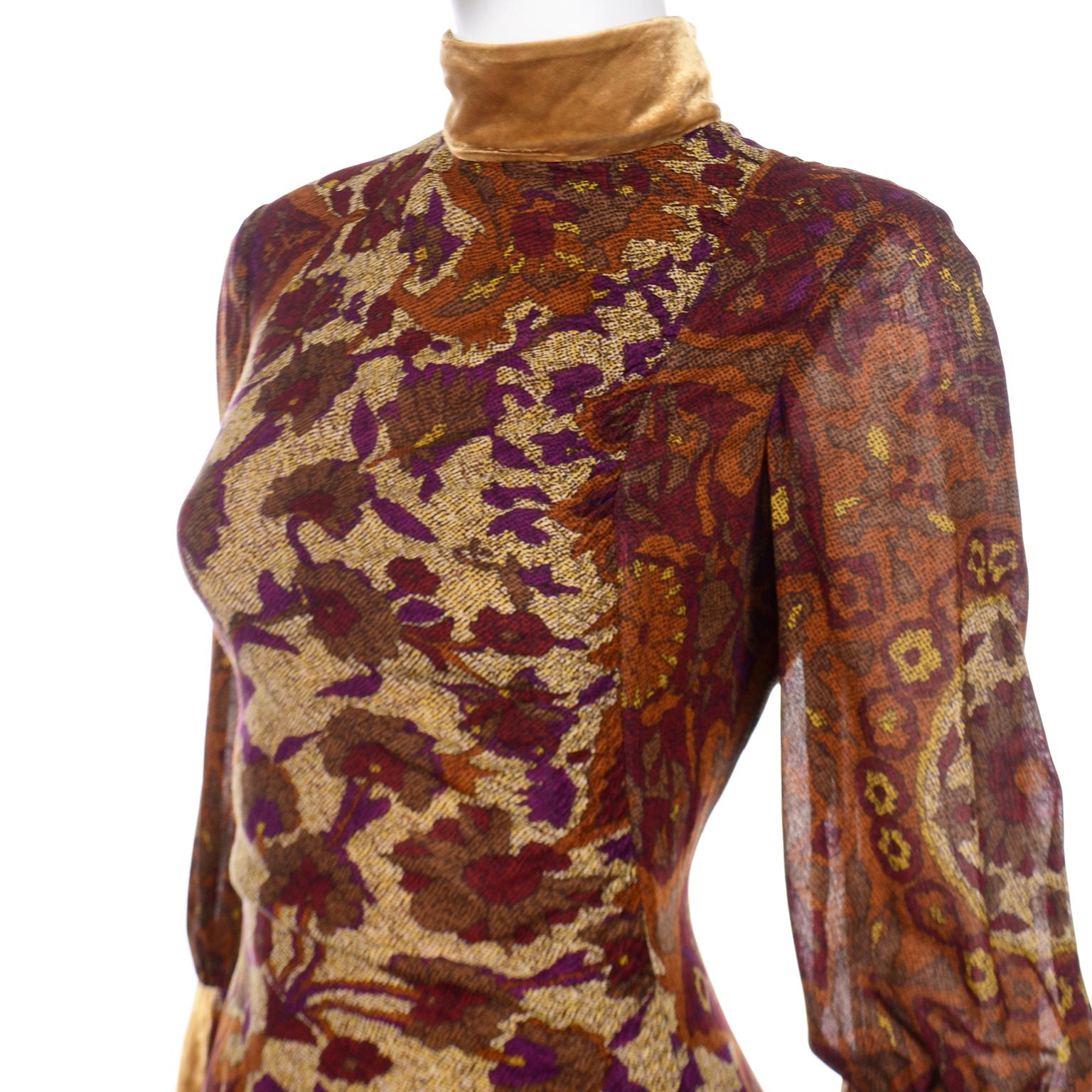 Kenzo Vintage üppiges, pflaumenbraunes und goldenes Kleid mit Blumendruck und Gold Samtbesatz 2