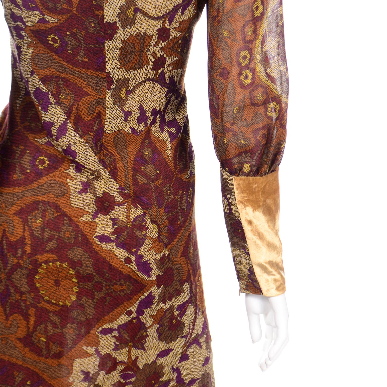 Kenzo Vintage Lush Plum Brown and Gold Floral Print Dress w Gold Velvet Trim For Sale 2