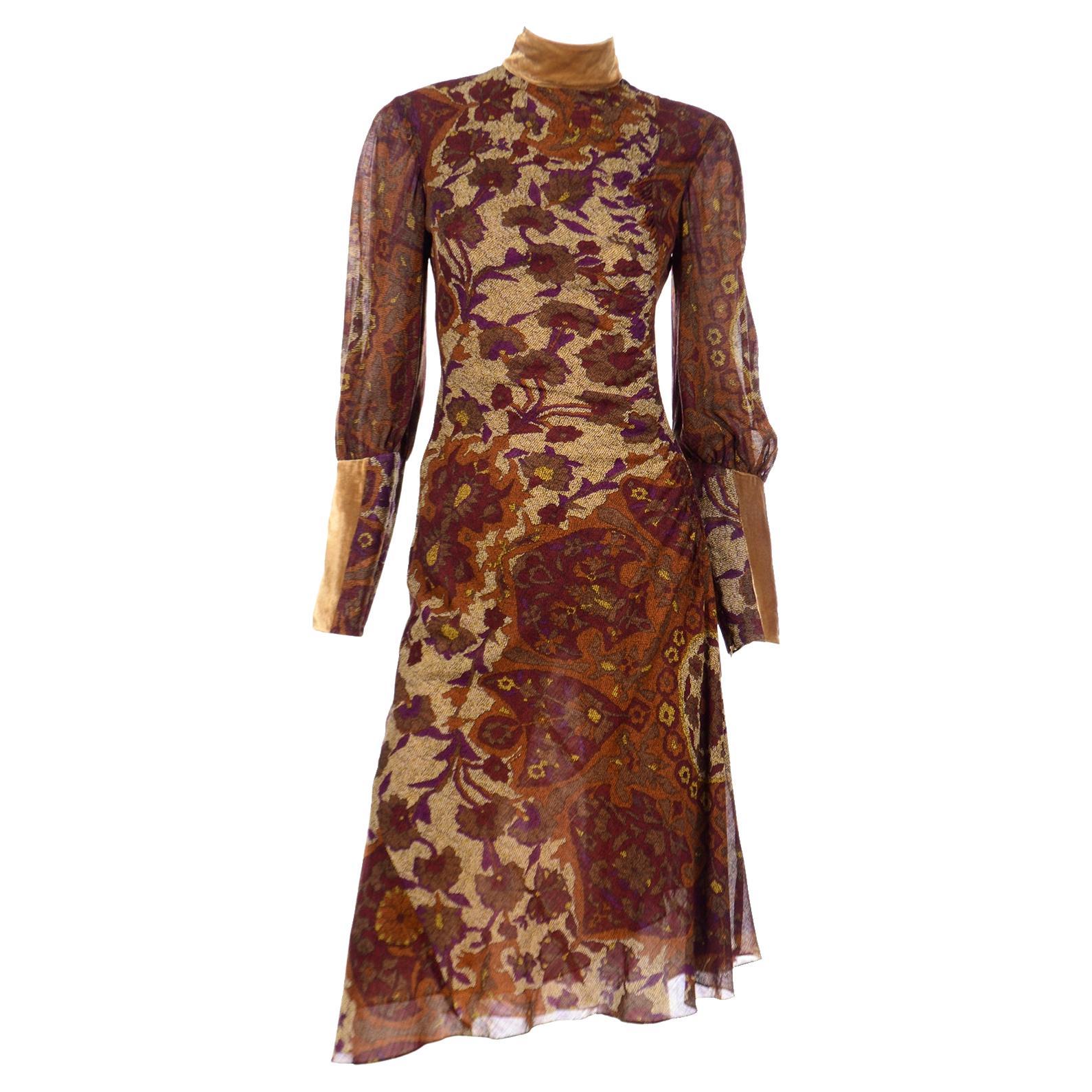 Kenzo Vintage Lush Plum Brown and Gold Floral Print Dress w Gold Velvet Trim For Sale