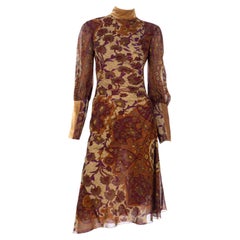 Kenzo Vintage Lush Plum Brown and Gold Floral Print Dress w Gold Velvet Trim