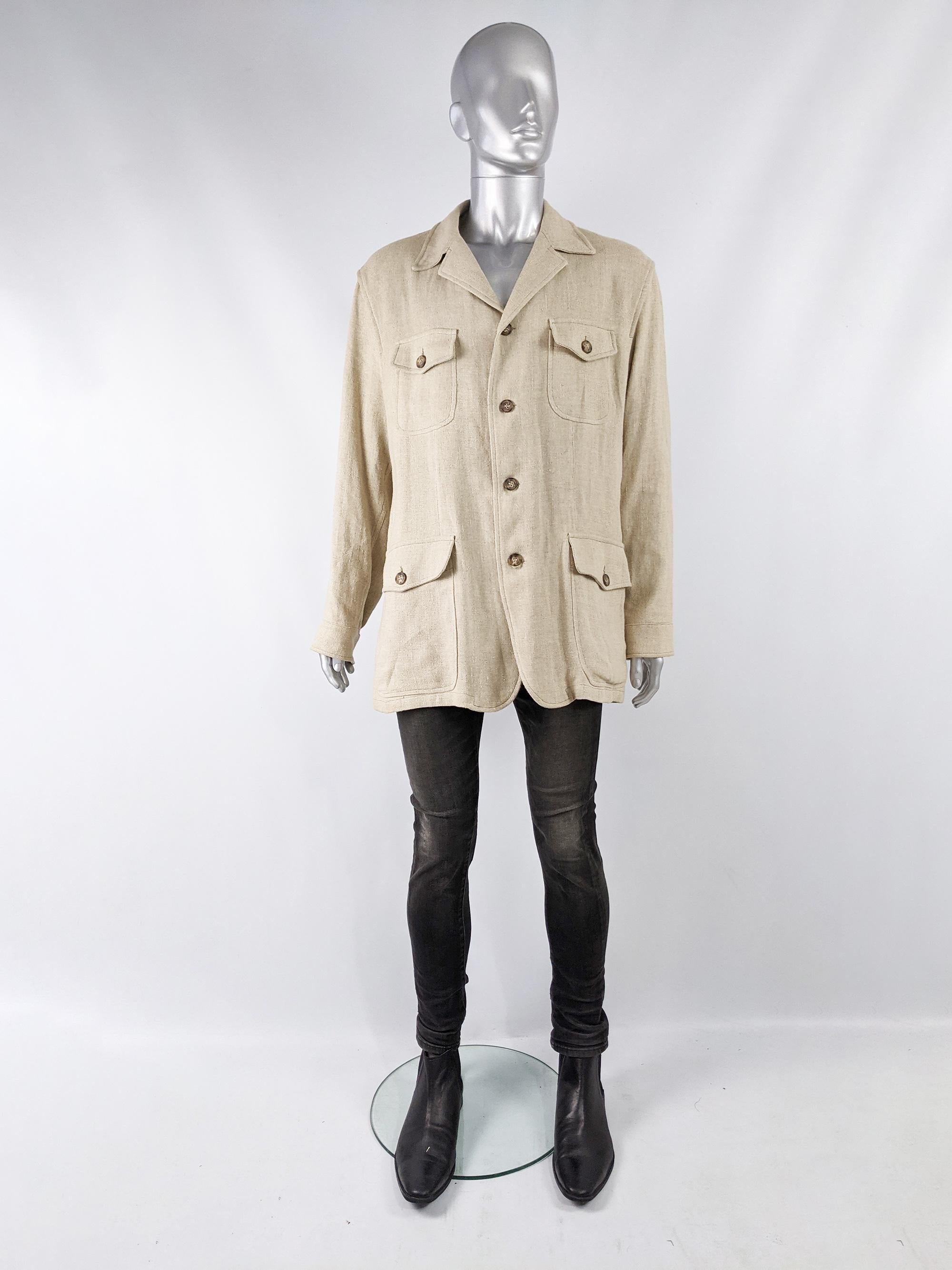 A stylish vintage mens Kenzo jacket in a cream linen with utility pockets that lend it a 1970s safari style look.

Size: Marked XL
Chest - 44” / 112cm
Waist - 40” / 101cm
Length (Shoulder to Hem) - 30” / 76cm
Shoulder to Shoulder - 19” / 48cm
Sleeve