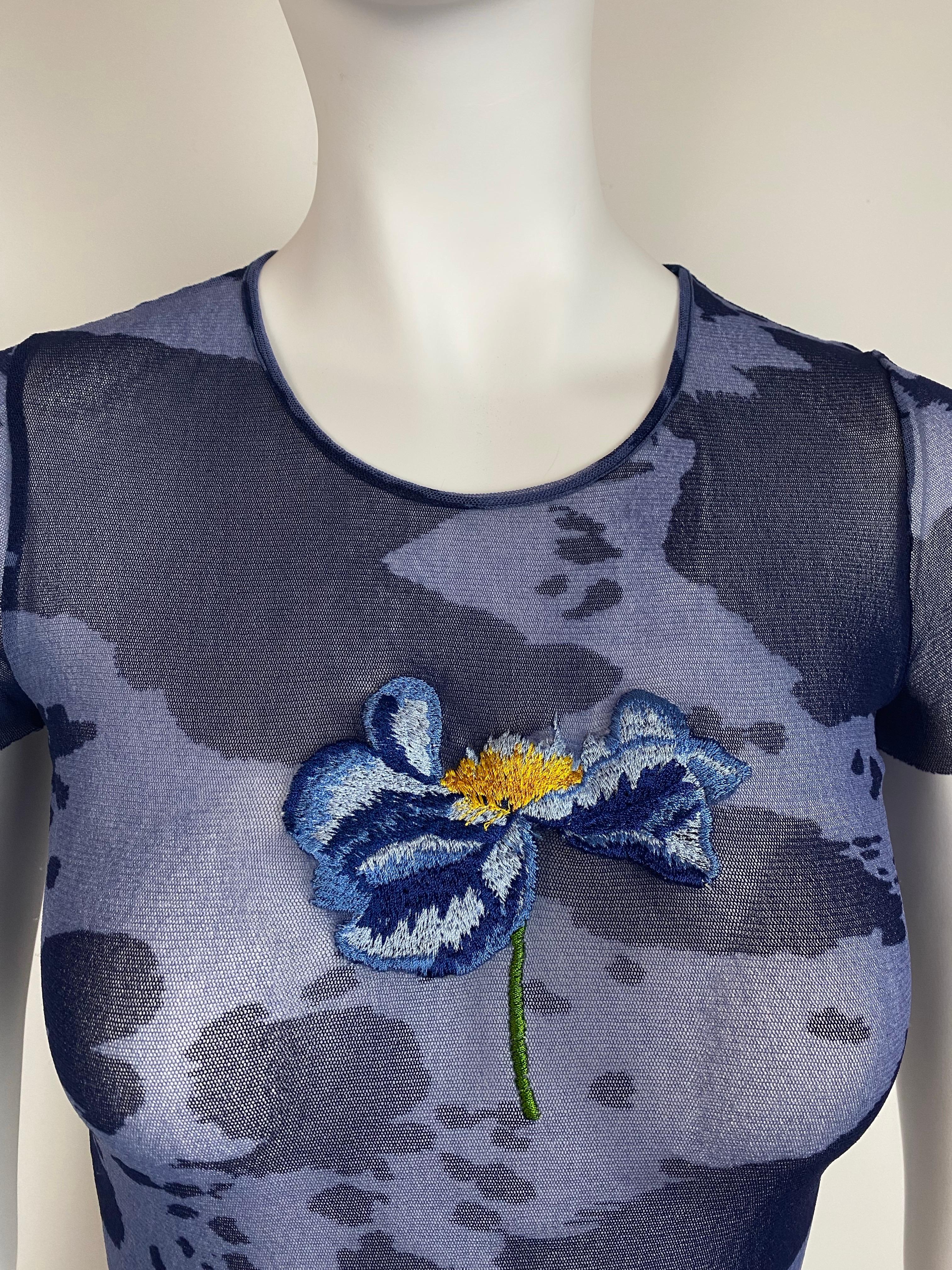 Grigio Kenzo - Top a rete vintage con ricamo floreale anni '90 in vendita