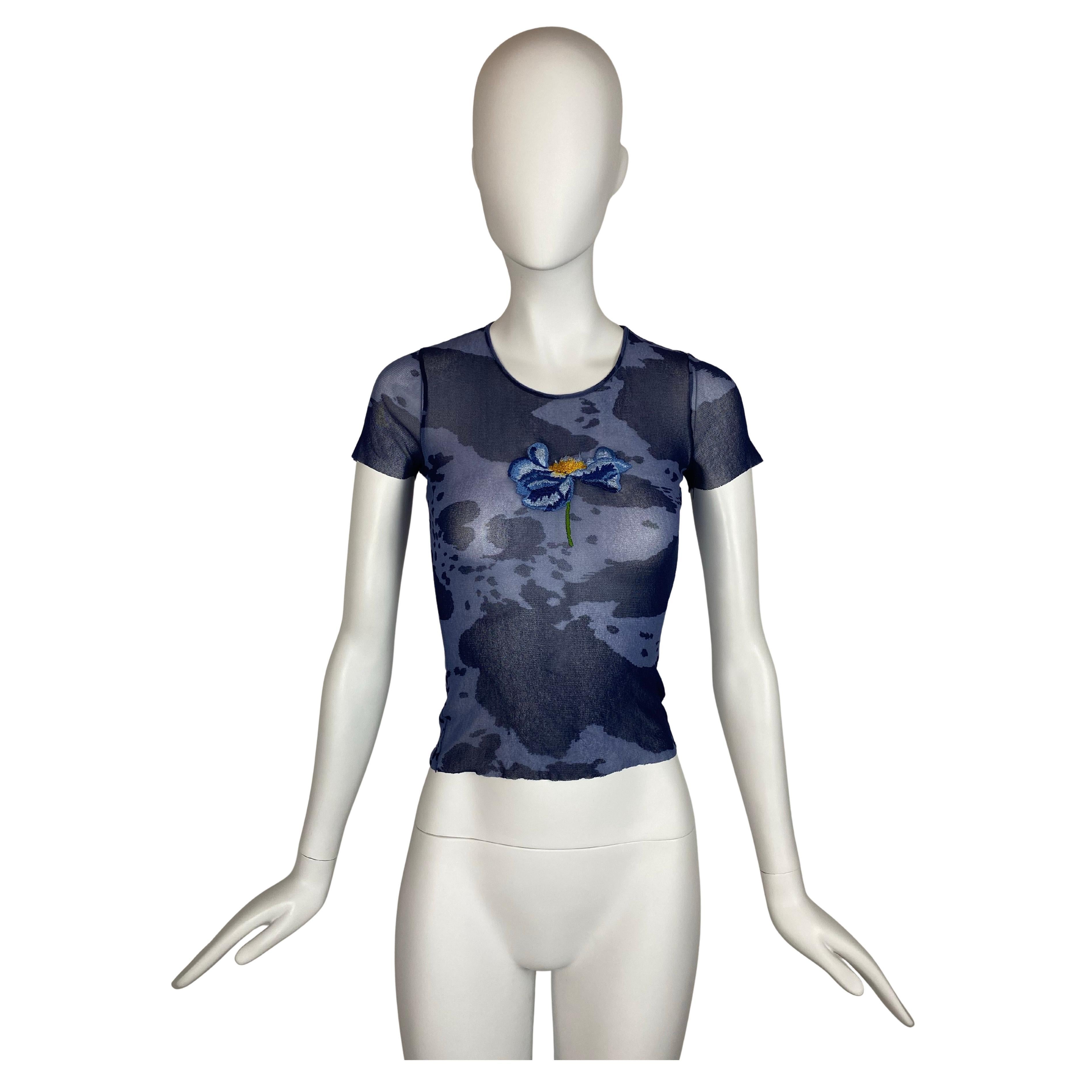 Kenzo - Top a rete vintage con ricamo floreale anni '90 in vendita