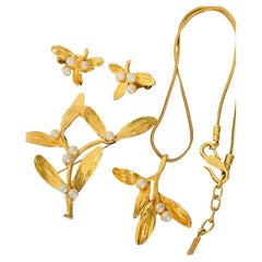 Kenzo Vintage : perles rondes rares dorées et blanches, motif de feuilles et de branches, lot de 3