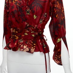 KENZO Vintage red floral silk wool kimono sleeves wrap tie top FR36 S