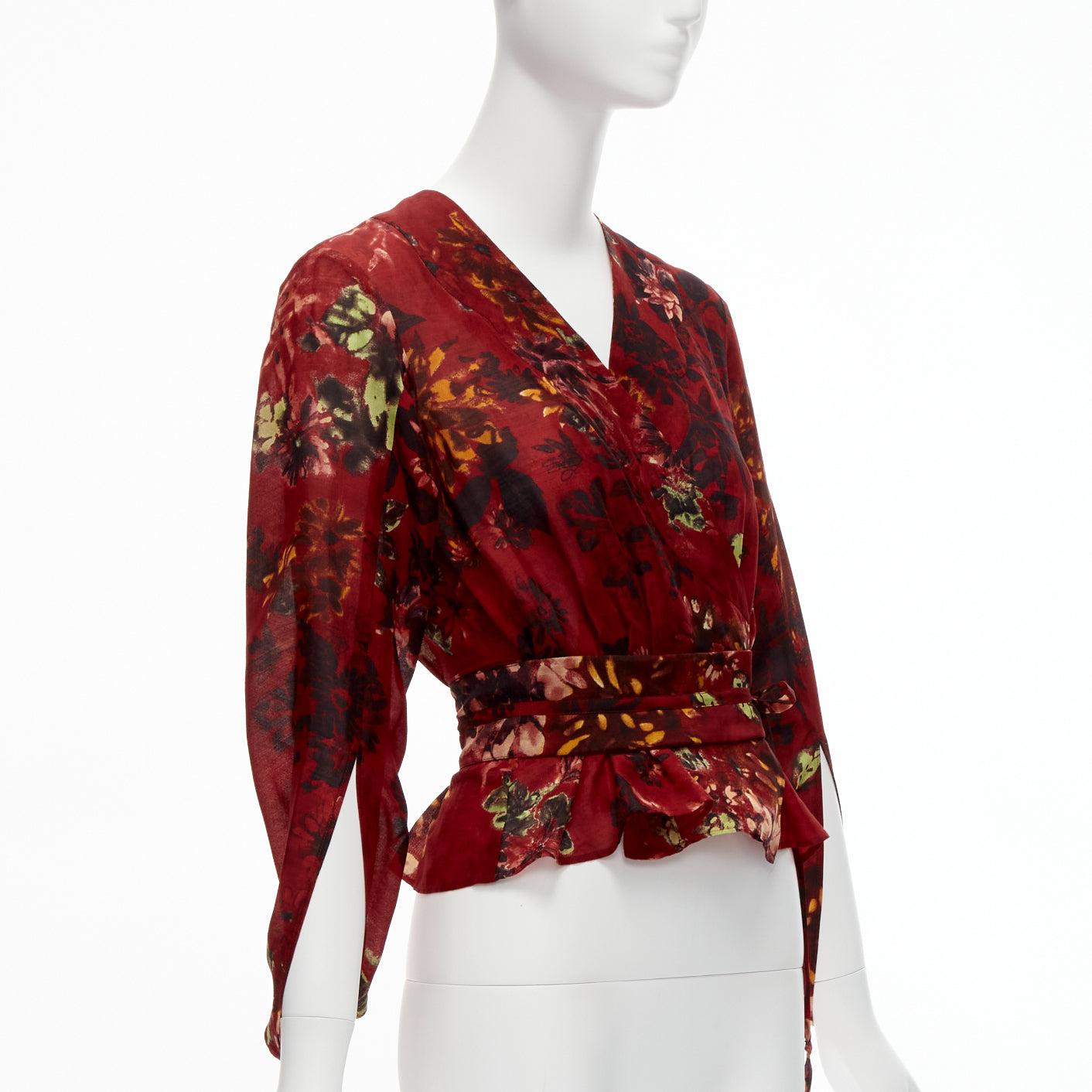 KENZO Vintage red floral silk wool kimono sleeves wrap tie top FR36 S In Excellent Condition For Sale In Hong Kong, NT