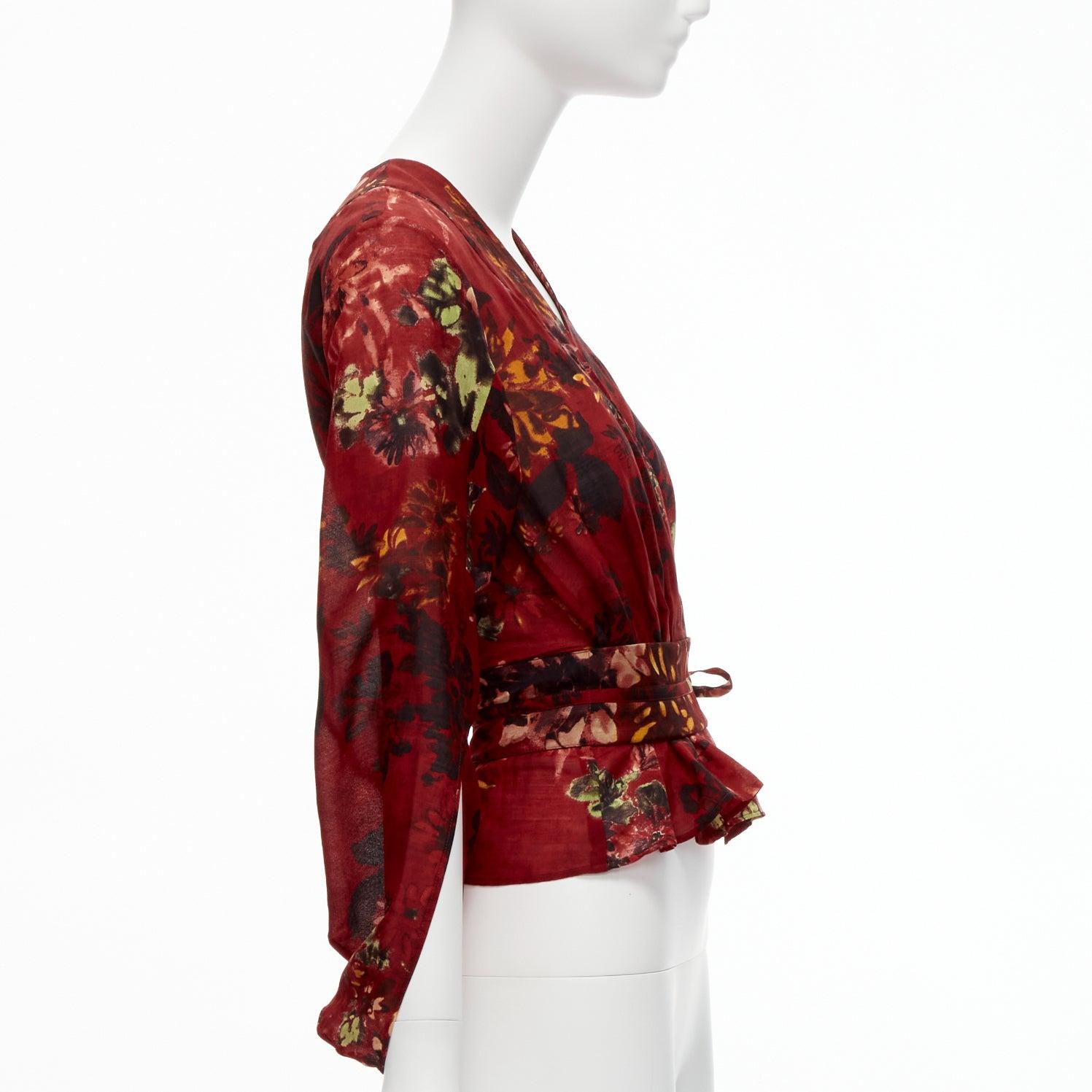 Women's KENZO Vintage red floral silk wool kimono sleeves wrap tie top FR36 S For Sale