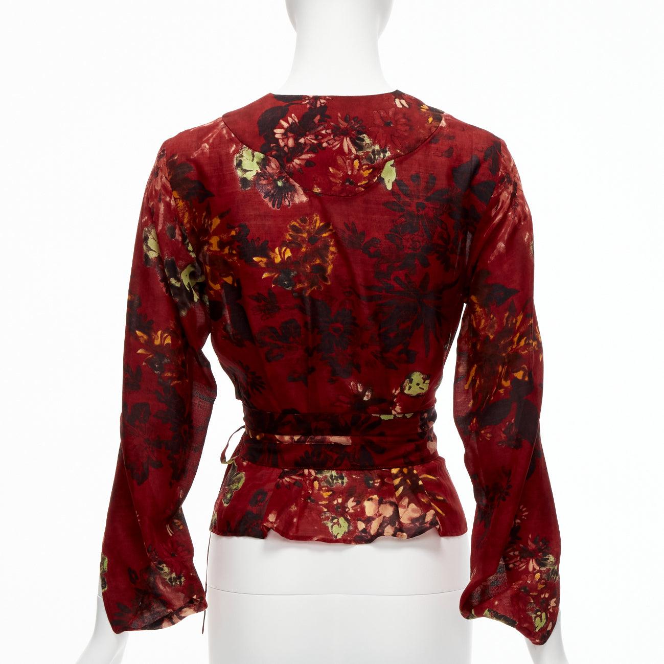 KENZO Vintage red floral silk wool kimono sleeves wrap tie top FR36 S 1