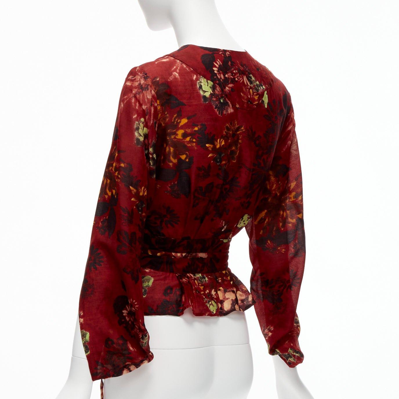 KENZO Vintage red floral silk wool kimono sleeves wrap tie top FR36 S 1