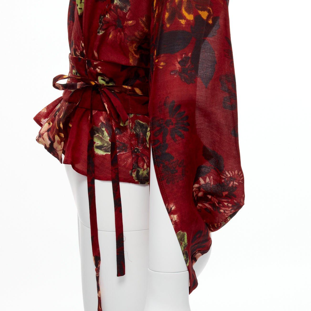 KENZO Vintage red floral silk wool kimono sleeves wrap tie top FR36 S 2