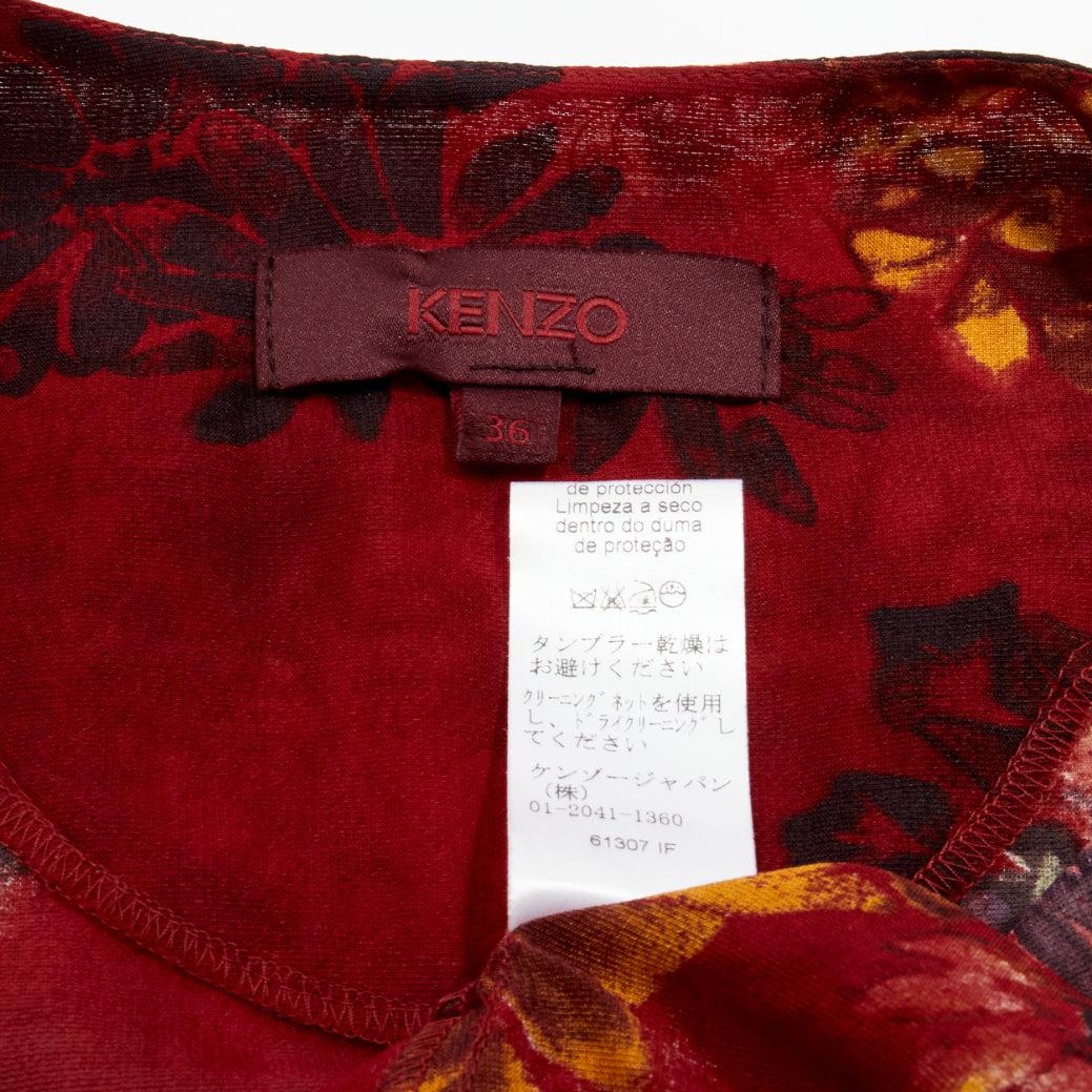 KENZO Vintage red floral silk wool kimono sleeves wrap tie top FR36 S 4