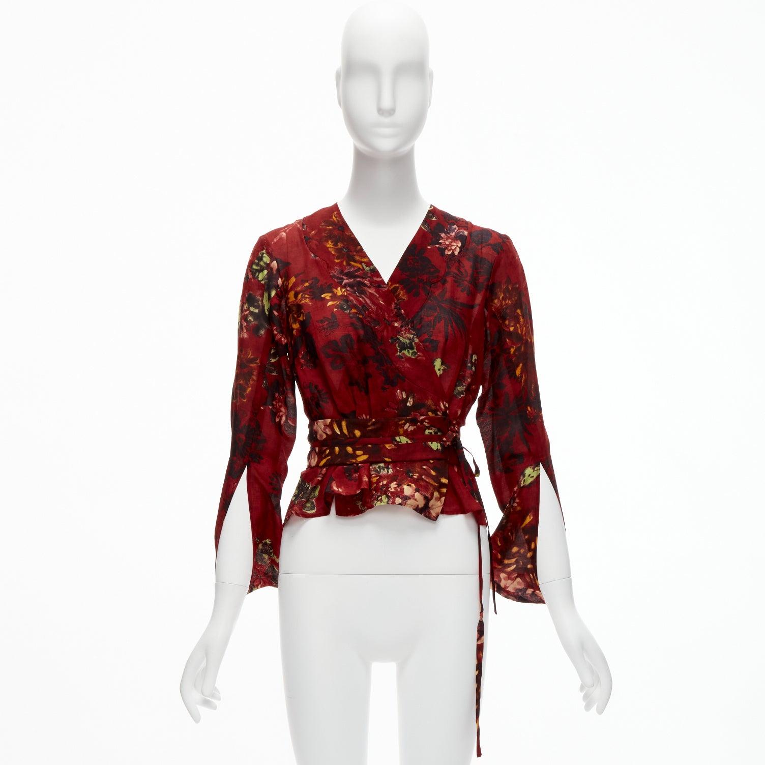 KENZO Vintage red floral silk wool kimono sleeves wrap tie top FR36 S 4