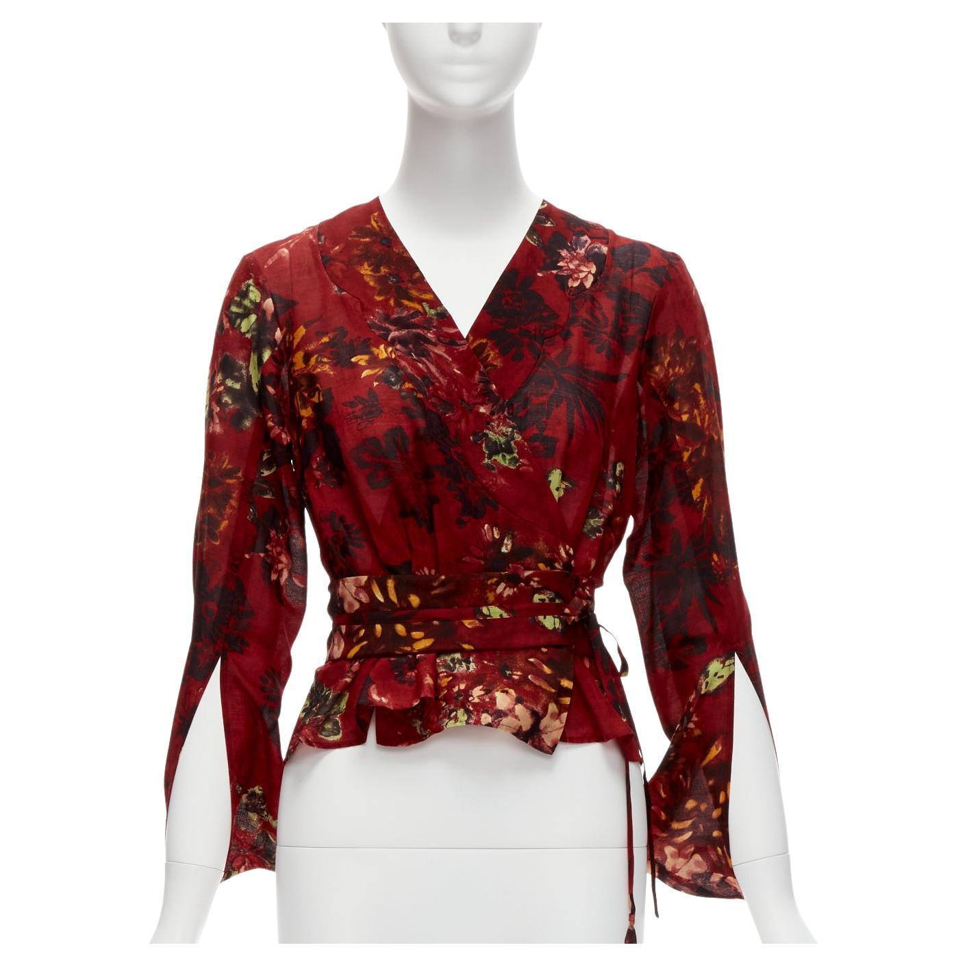 KENZO Vintage red floral silk wool kimono sleeves wrap tie top FR36 S For Sale
