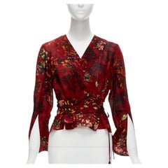 KENZO Vintage red floral silk wool kimono sleeves wrap tie top FR36 S