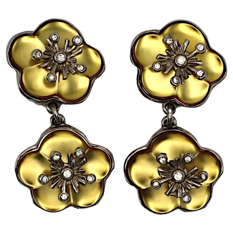KENZO Vintage Silver-Tone Dangle Earrings Jewelled Yellow Resin Flowers, 1990s For Sale