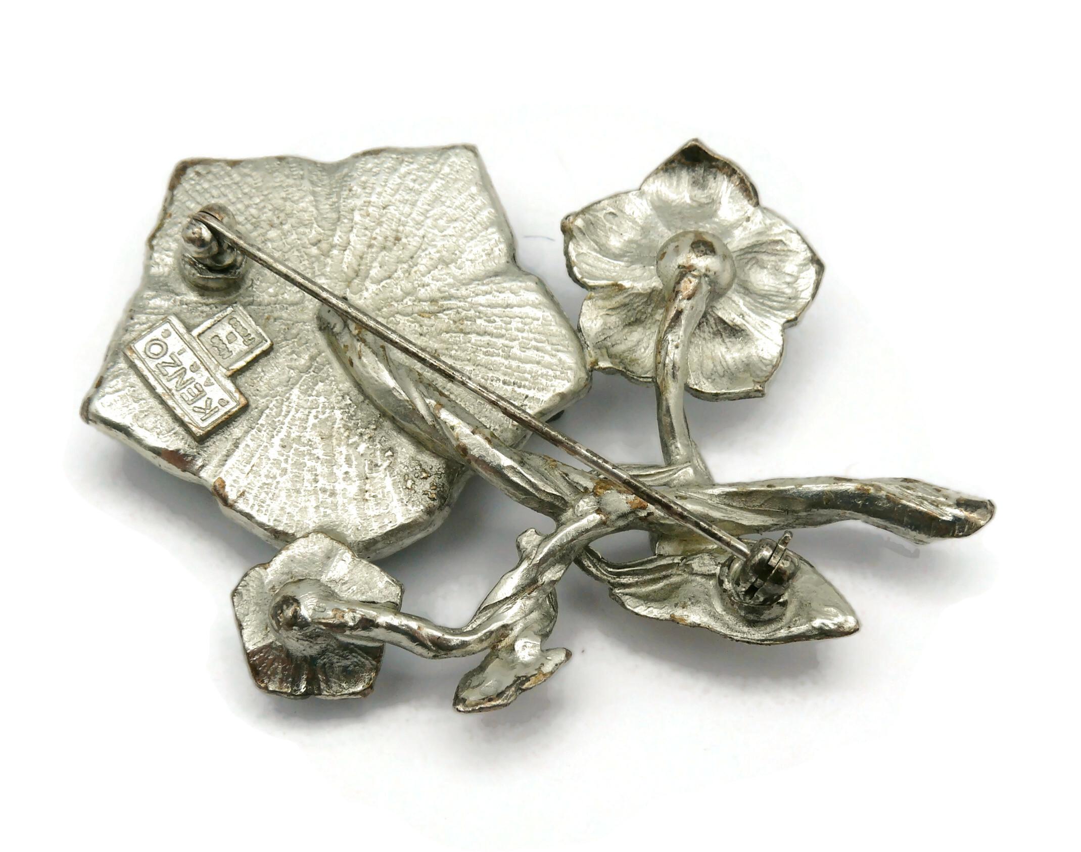 KENZO Vintage Silberfarbene Blumenbrosche im Angebot 5