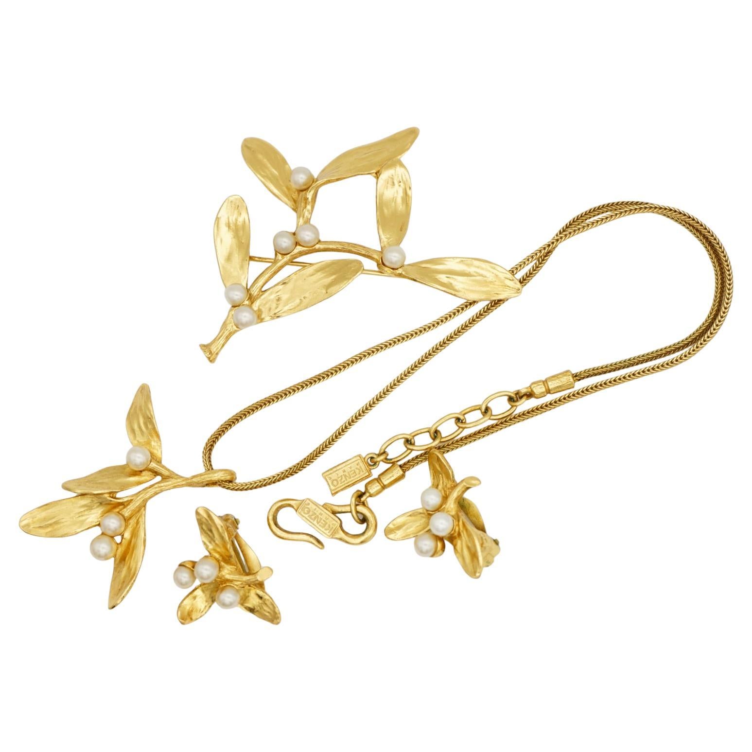Kenzo Vintage White Beads Pearl Flower Leaf 3 Gold Set Necklace Brooch Earrings For Sale