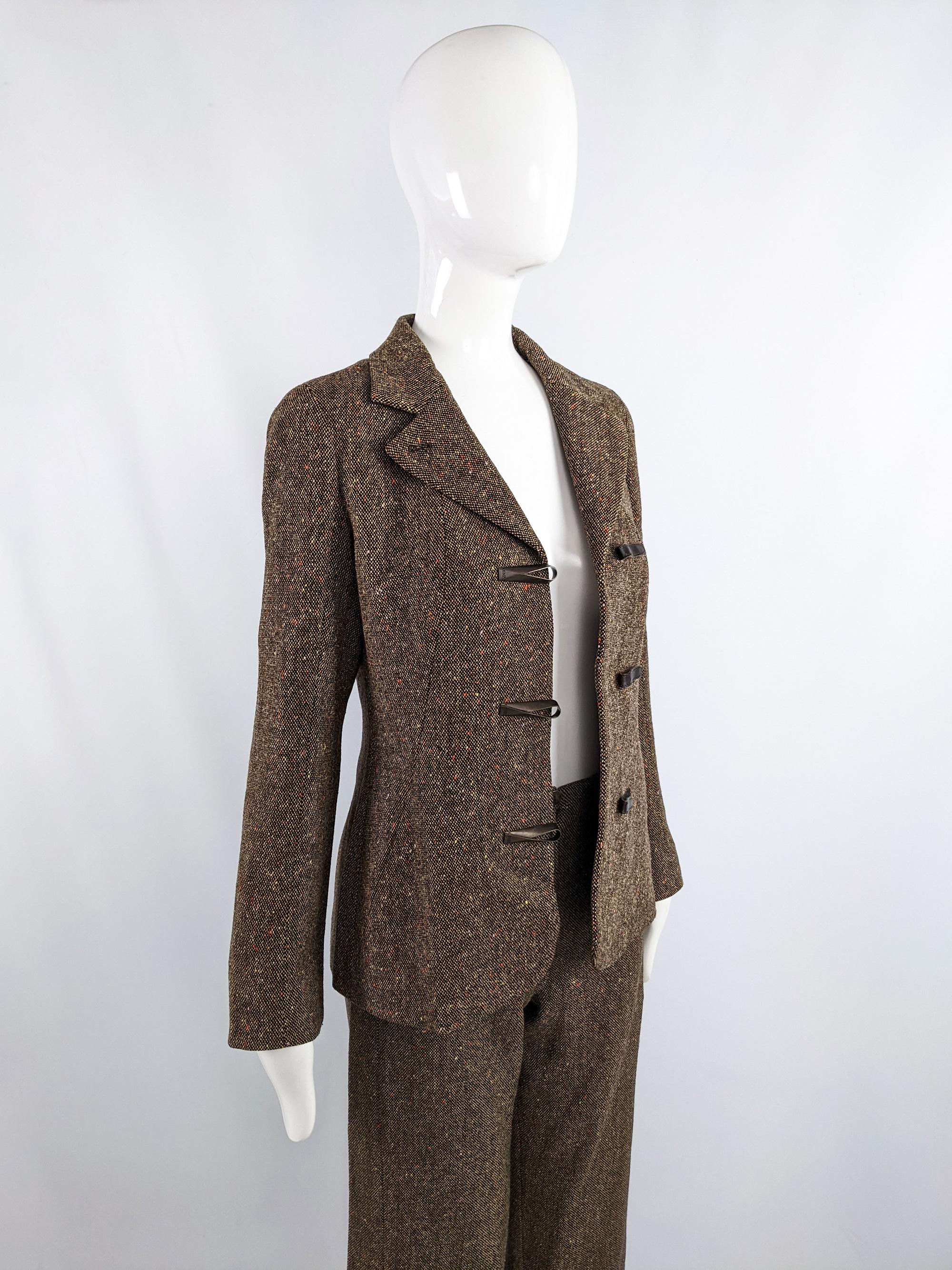 Kenzo Vintage Damen 1990er Jahre Brauner Tweed 2-teiliger Hosenanzug mit weitem Bein (Schwarz) im Angebot