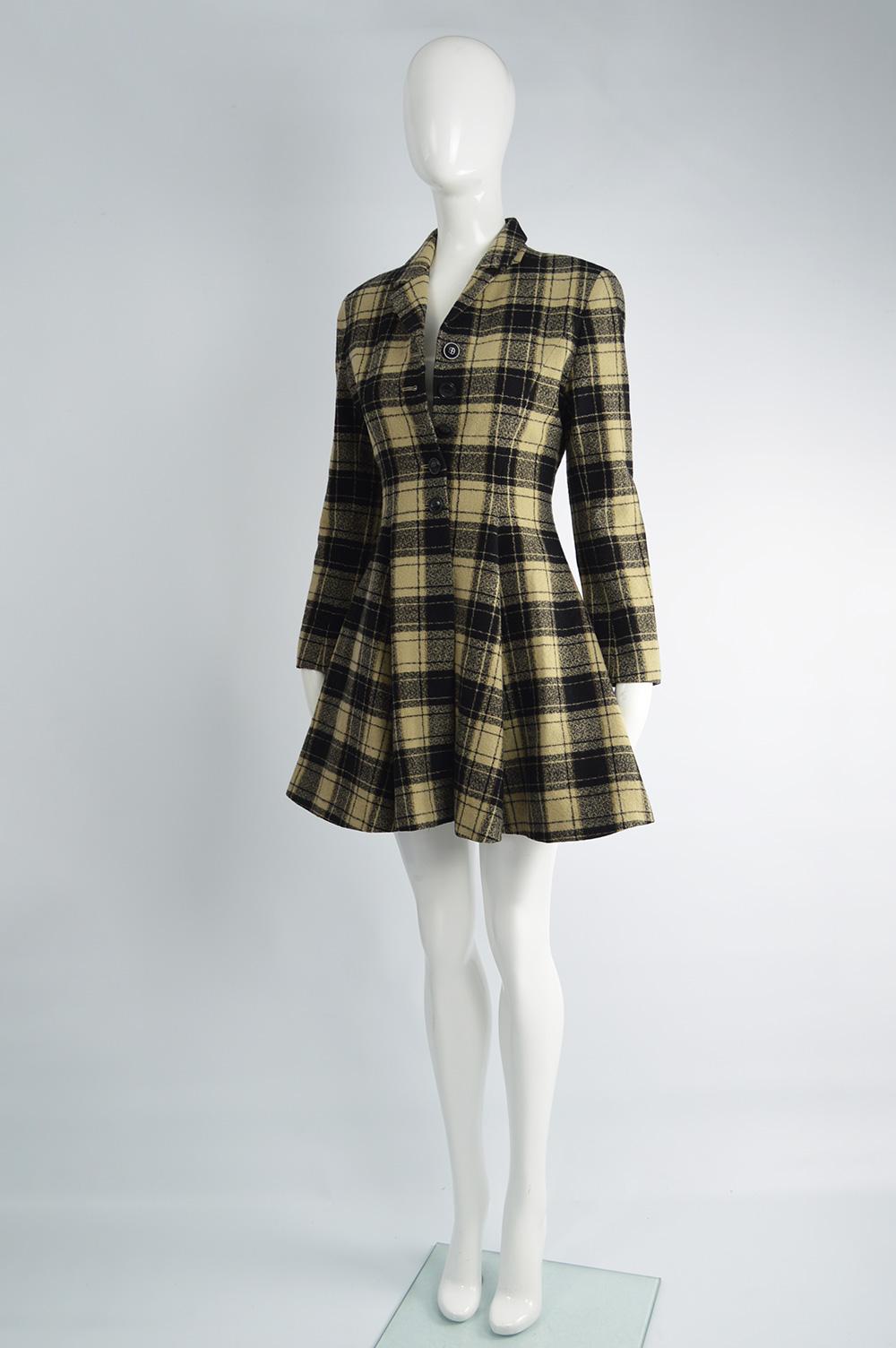 Black Kenzo Vintage Women's Checked Wool Tweed Flared Skirt Princess Coat, 1980s