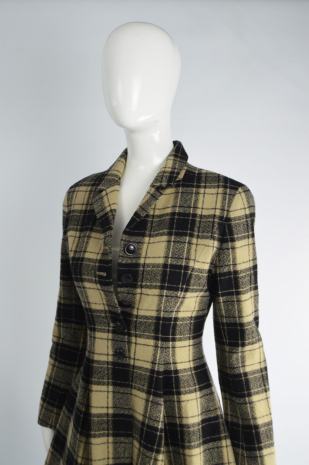 Kenzo Vintage Women's Checked Wool Tweed Flared Skirt Princess Coat, 1980s In Excellent Condition In Doncaster, South Yorkshire