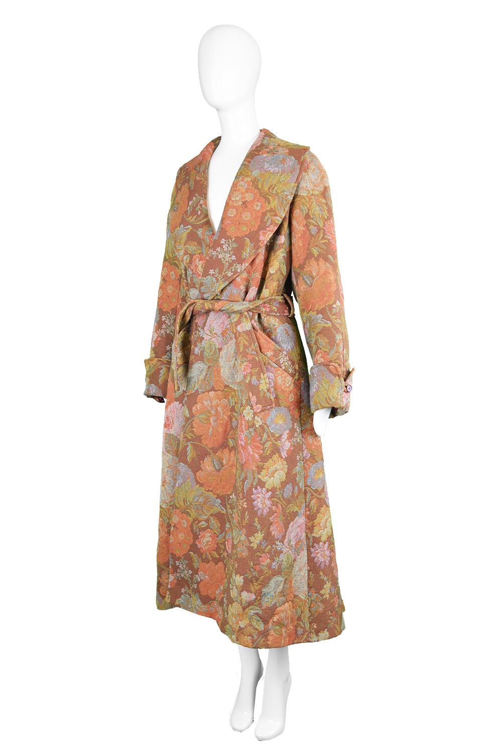 Brown Kenzo Vintage Women's Floral Tapestry Brocade Belted Maxi Coat, 1990s