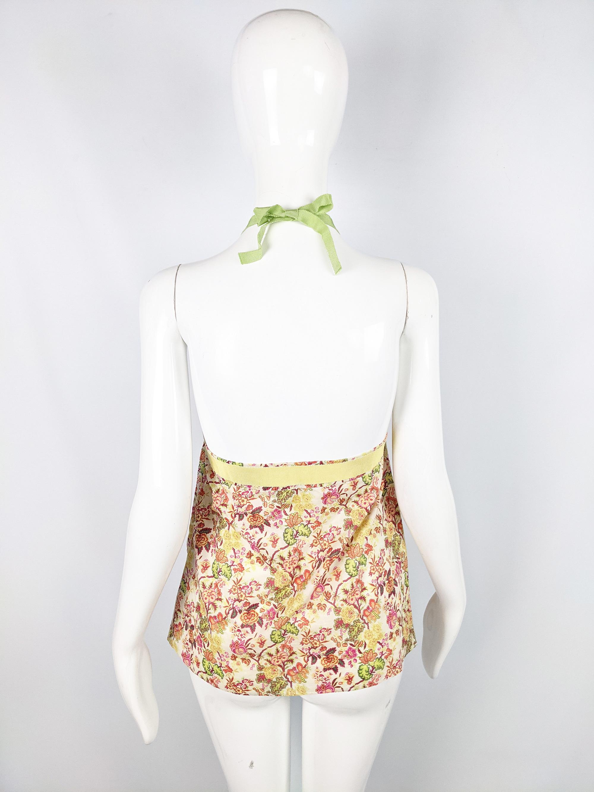 Beige Kenzo Vintage Y2K Womens Loose Fit Floral Print Halter Top, 2000s For Sale