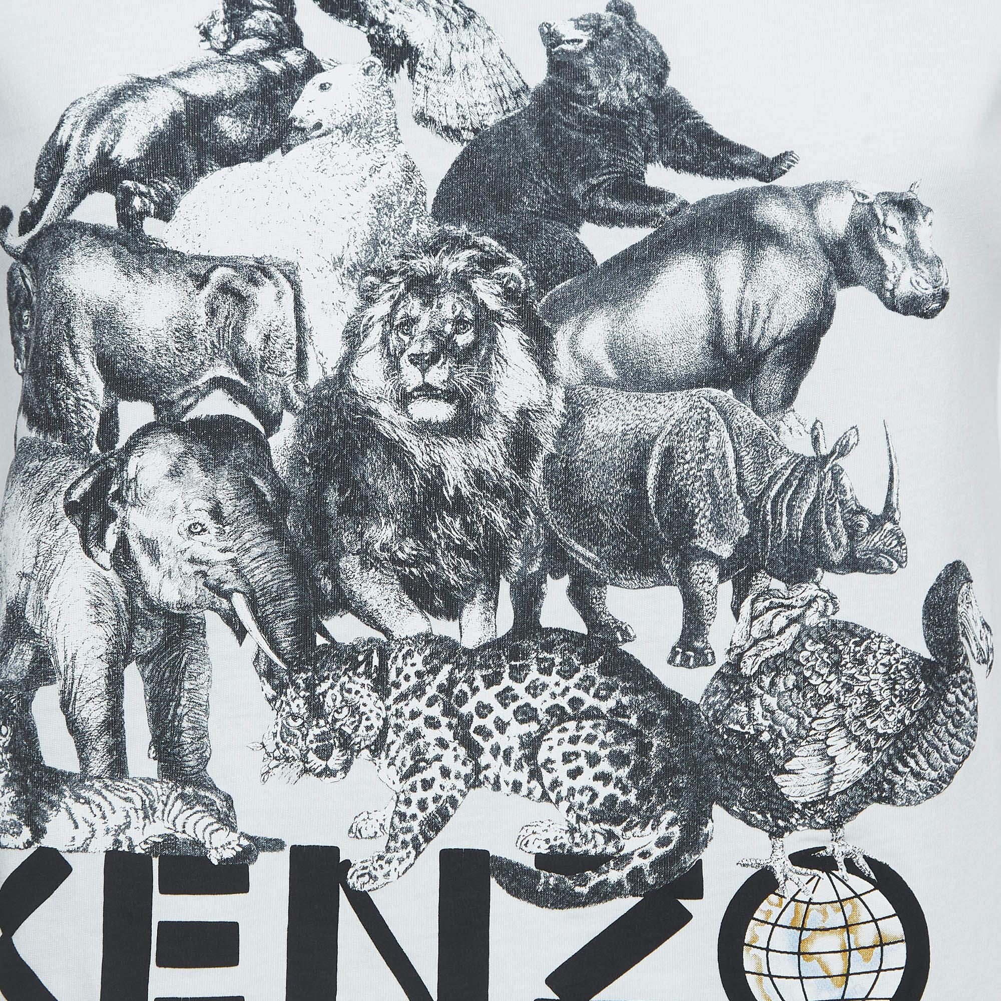 Kenzo Camiseta blanca de punto de algodón con estampado de animales S Gris en venta