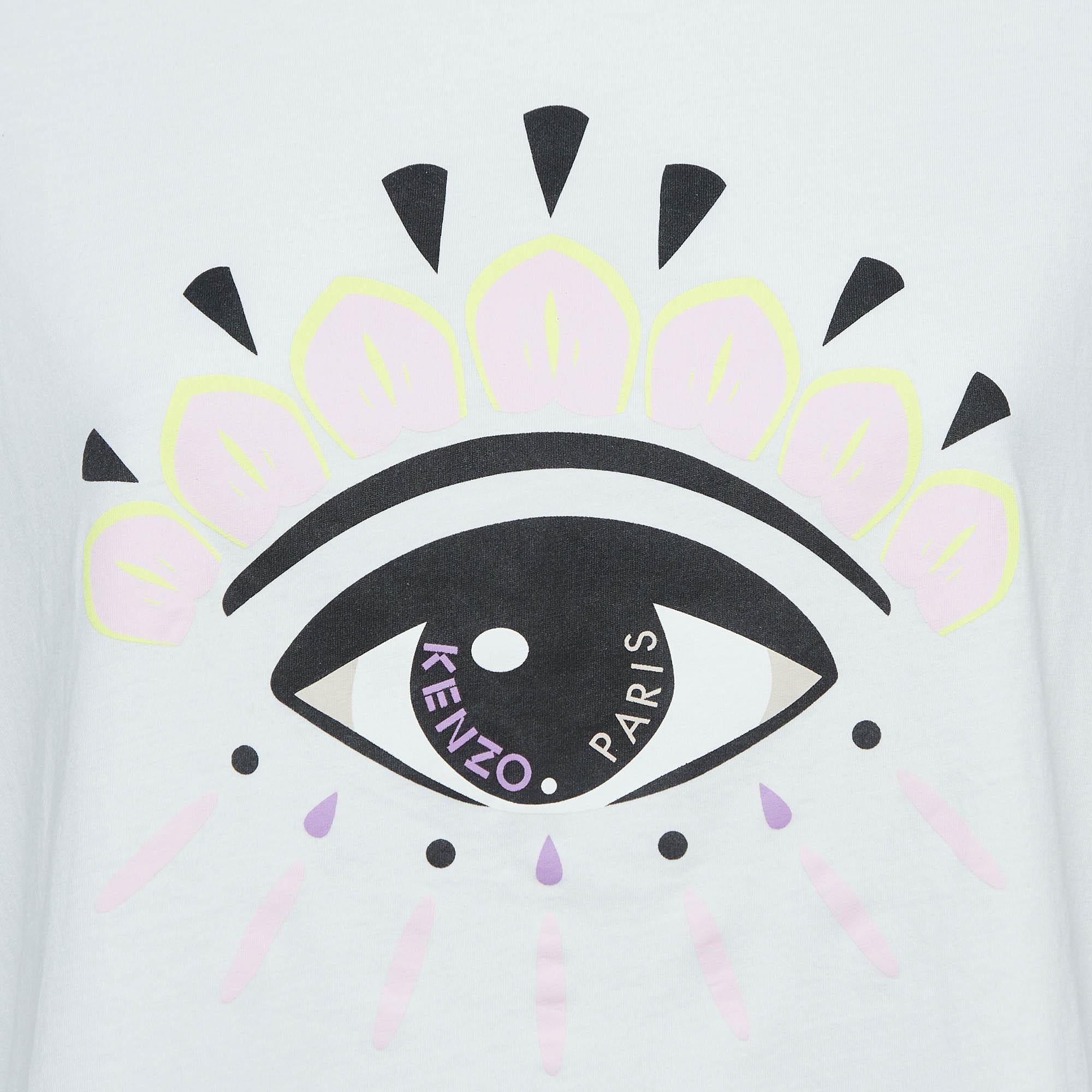 Gray Kenzo White Eye Print Cotton Knit Crew Neck T-Shirt XL For Sale