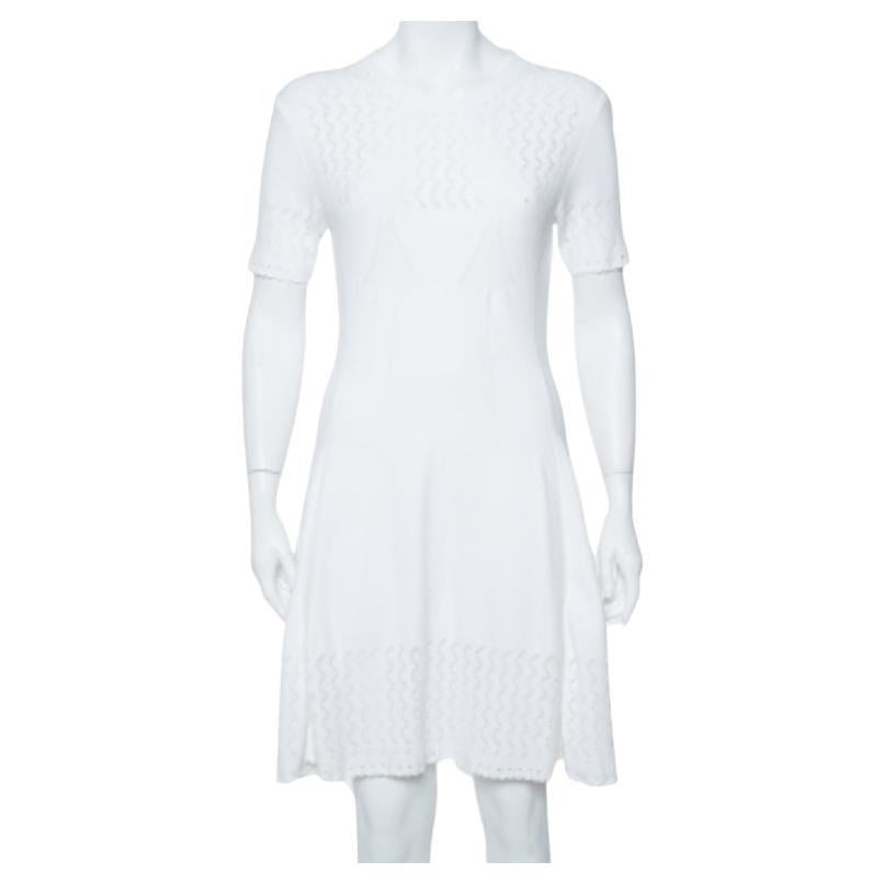 Kenzo White Perforated Knit Fit & Flare Dress L For Sale