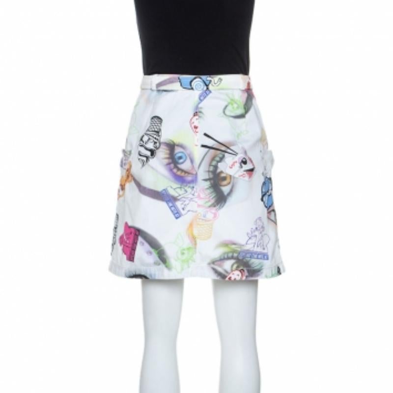 Kenzo Weißer bedruckter Visage-Rock aus Baumwolle mit Knopfleiste M Damen im Angebot