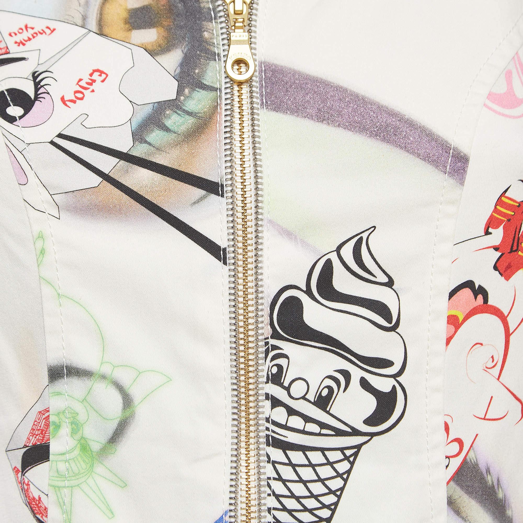 Gray Kenzo White Printed Cotton Zip Front Mini Dress M For Sale