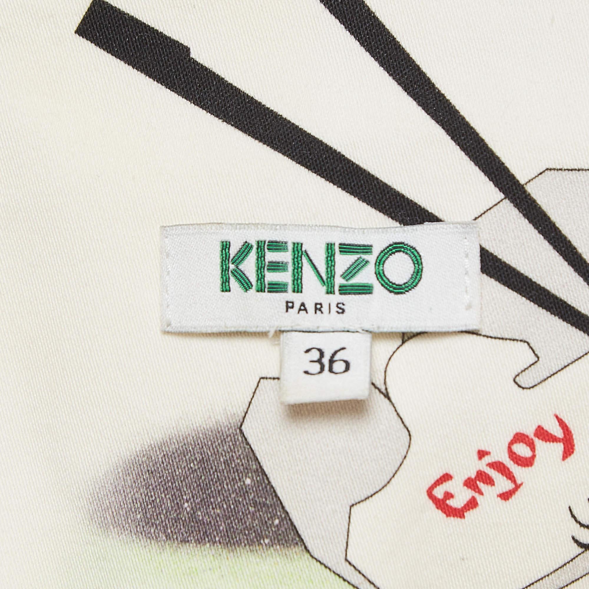 Kenzo White Printed Cotton Zip Front Mini Dress M In Good Condition For Sale In Dubai, Al Qouz 2