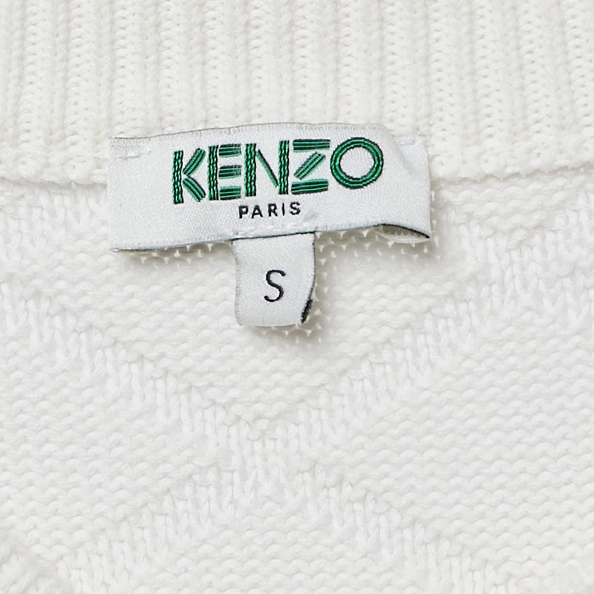 Kenzo Weißer strukturierter Strickpullover mit Freiheitsstatue-Druck S im Zustand „Hervorragend“ im Angebot in Dubai, Al Qouz 2