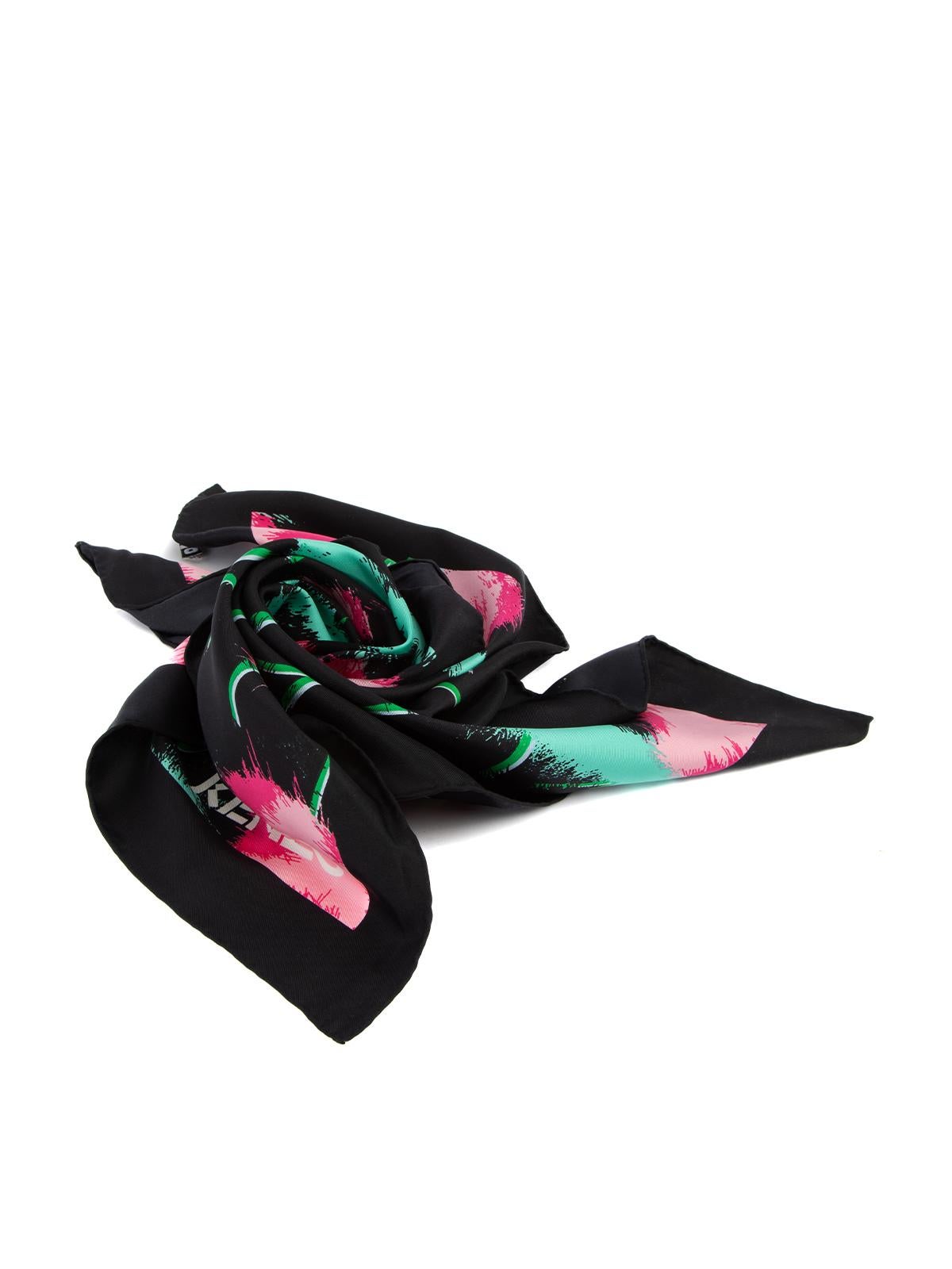 CONDITION is Very good. Minimal wear to scarf is evident, loose thread can be seen on the label of this used Kenzo designer resale item. Details Multicolour- Black, green and pink Silk Square scarf Tree patterned Kenzo logo printed on front corner