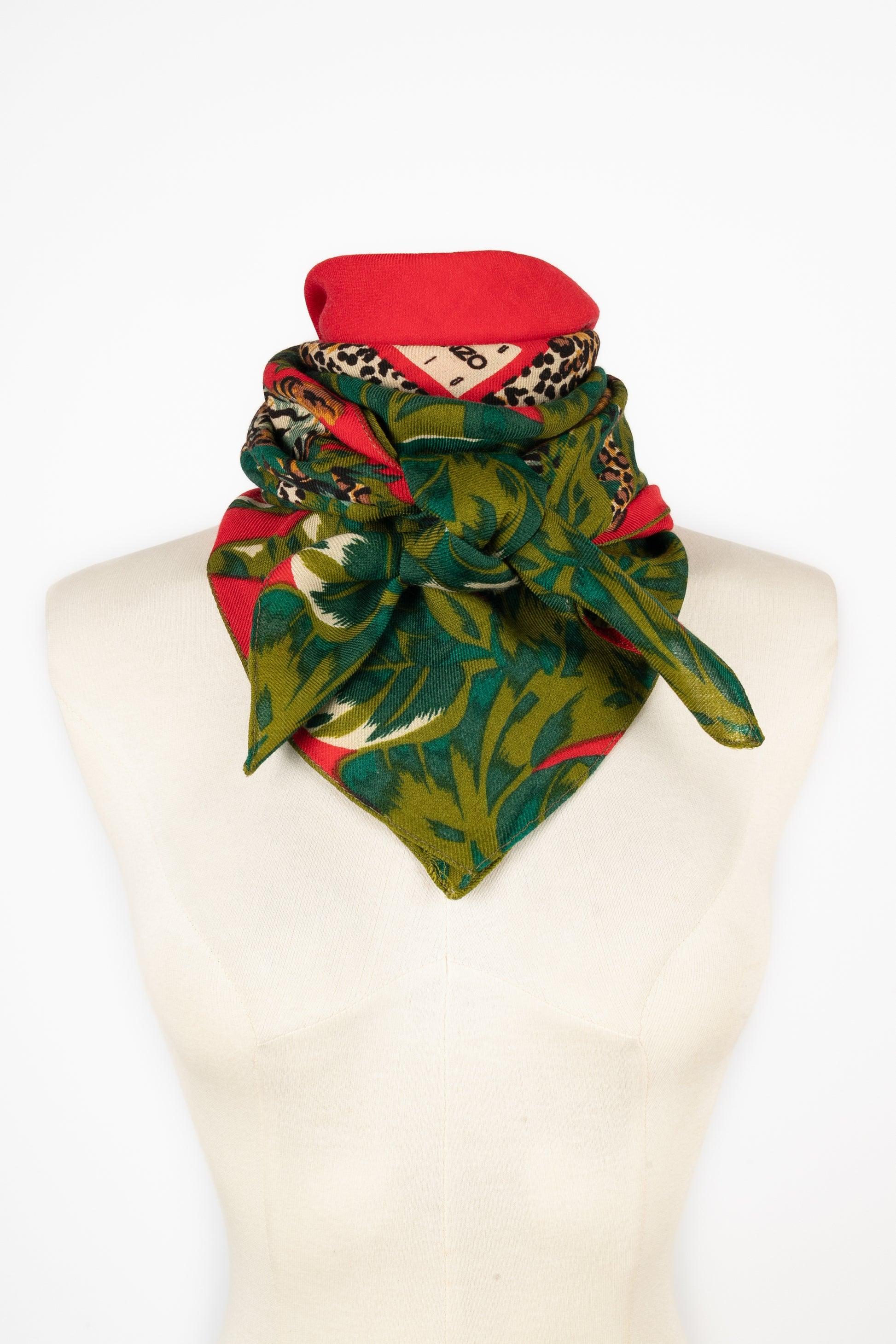 White Kenzo Wool Foulard in Red and Green Tones