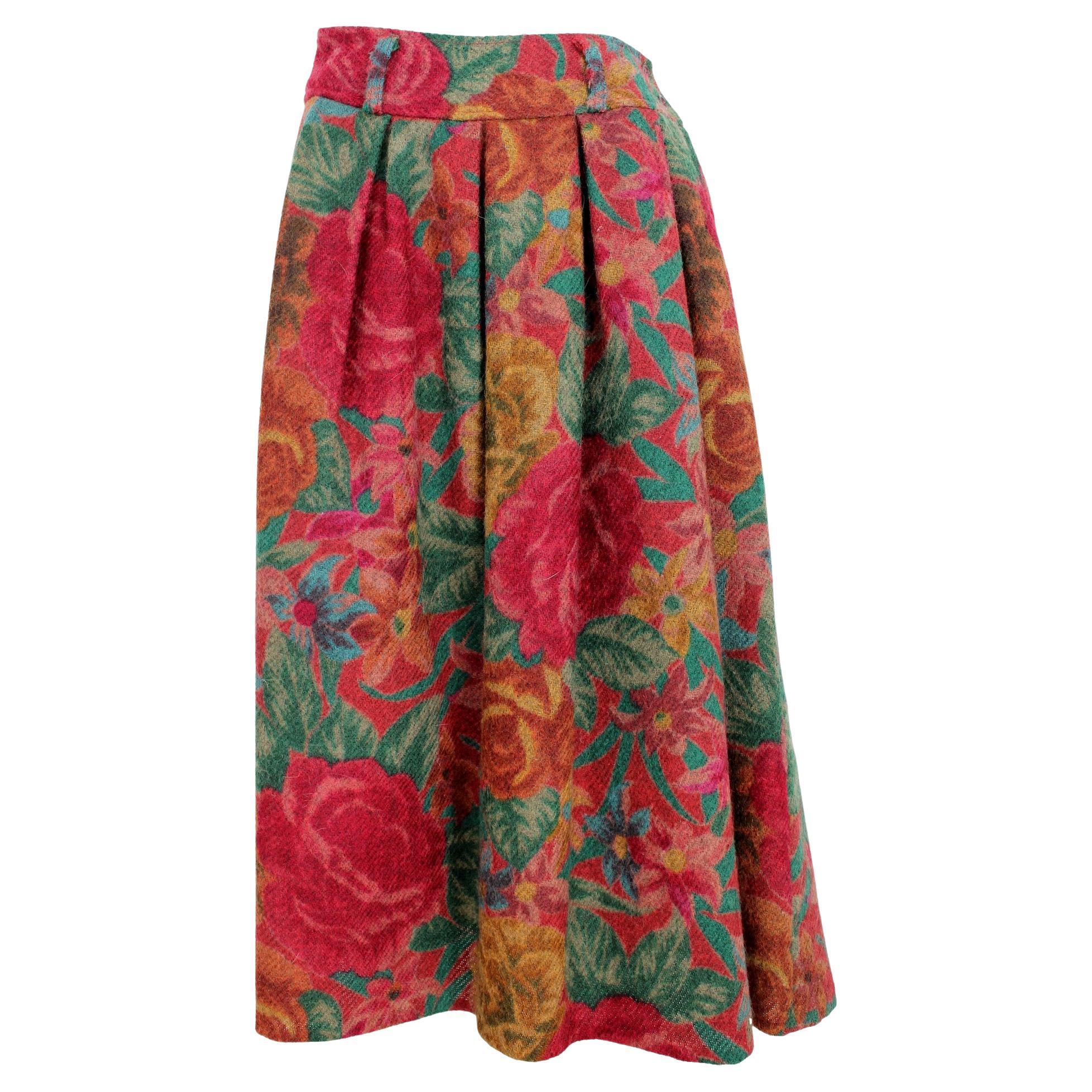 Kenzo Wool Red Floral Vintage 80s Balloon Skirt