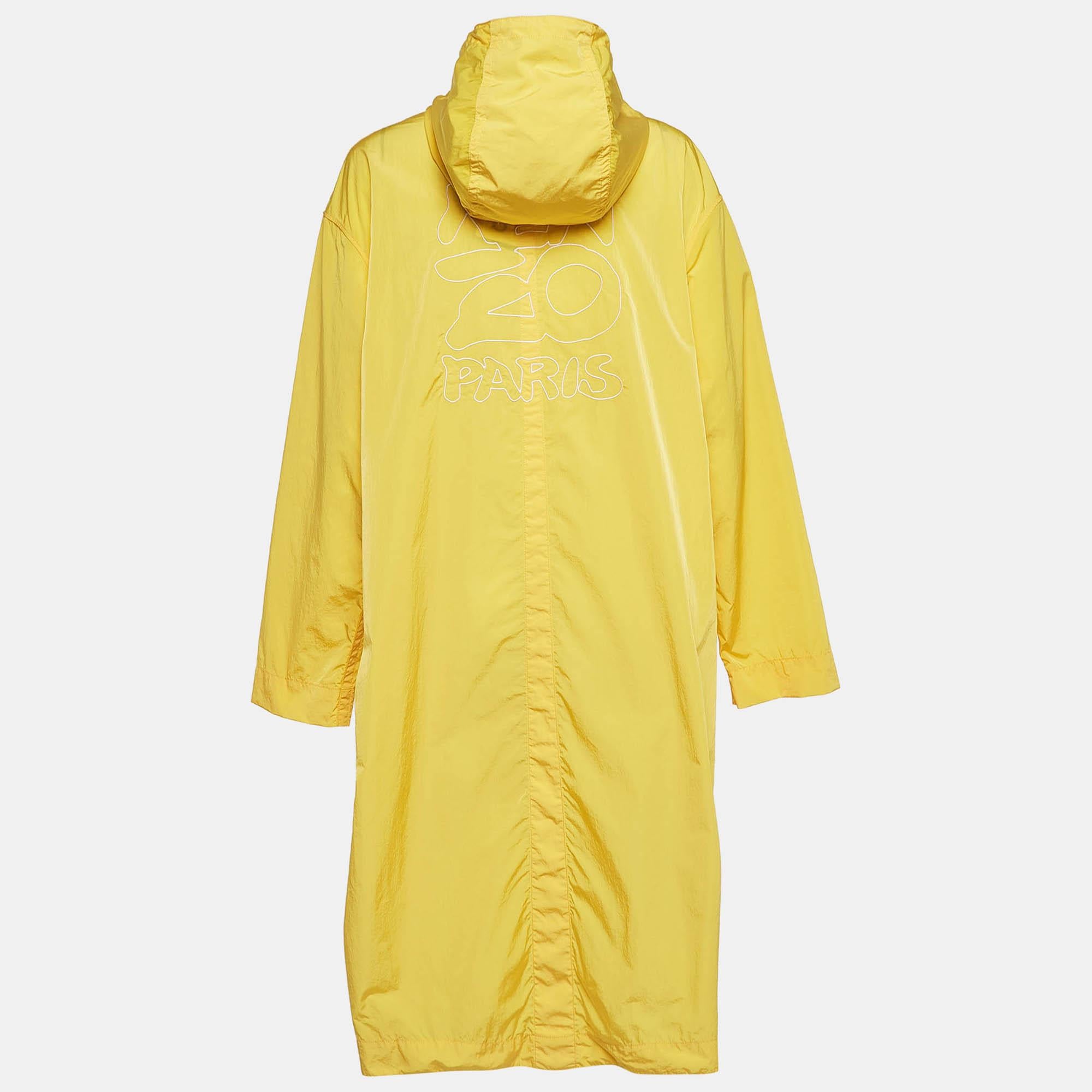 A raincoat is an essential wardrobe staple to wear out or at home when its pouring. Kenzo offers this one in yellow with front button closure a drawstring hood and two pockets.