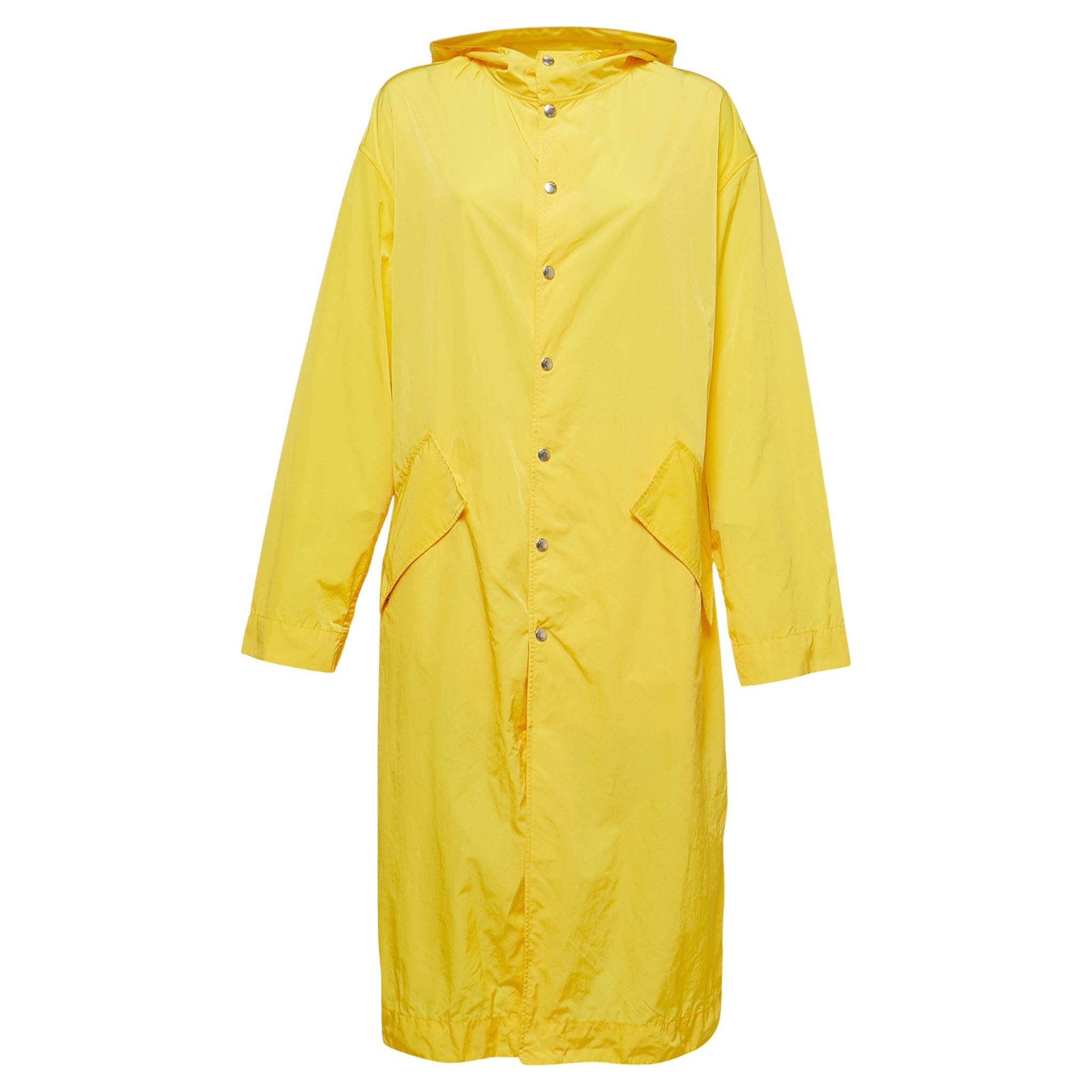 Kenzo Yellow Logo Embroidered Nylon Button Front Hooded Raincoat S For Sale