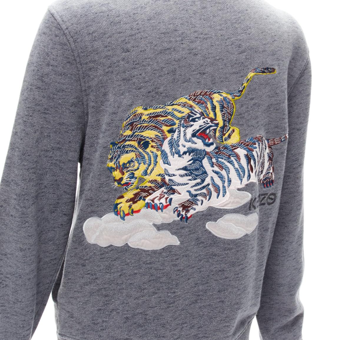 KENZO yellow oriental Tiger embroidery back grey cotton bomber jacket M For Sale 1