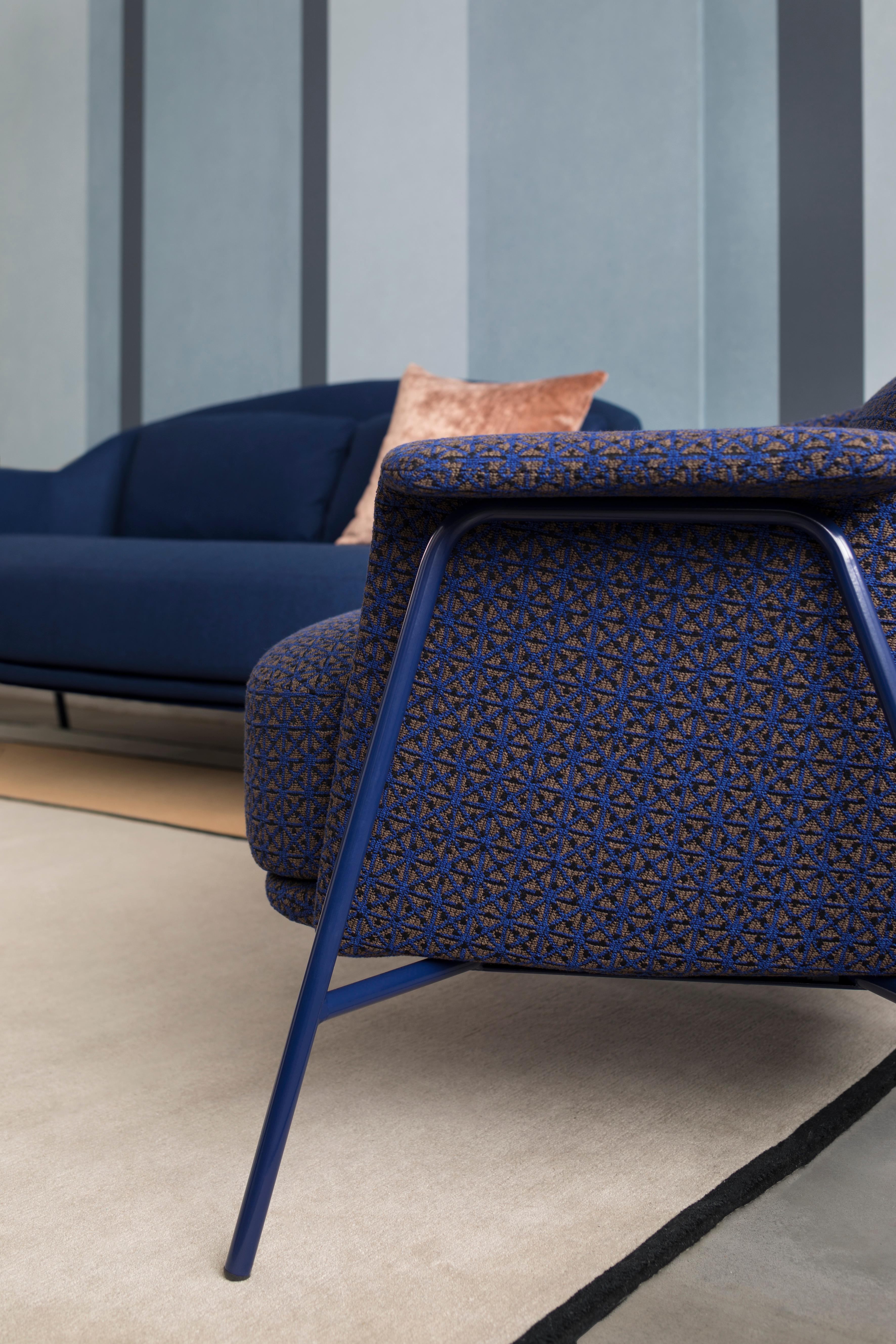 Italian Kepi Armchair in Diplo Blue Upholstery with Blue Metal Feet by Emilio Nanni For Sale